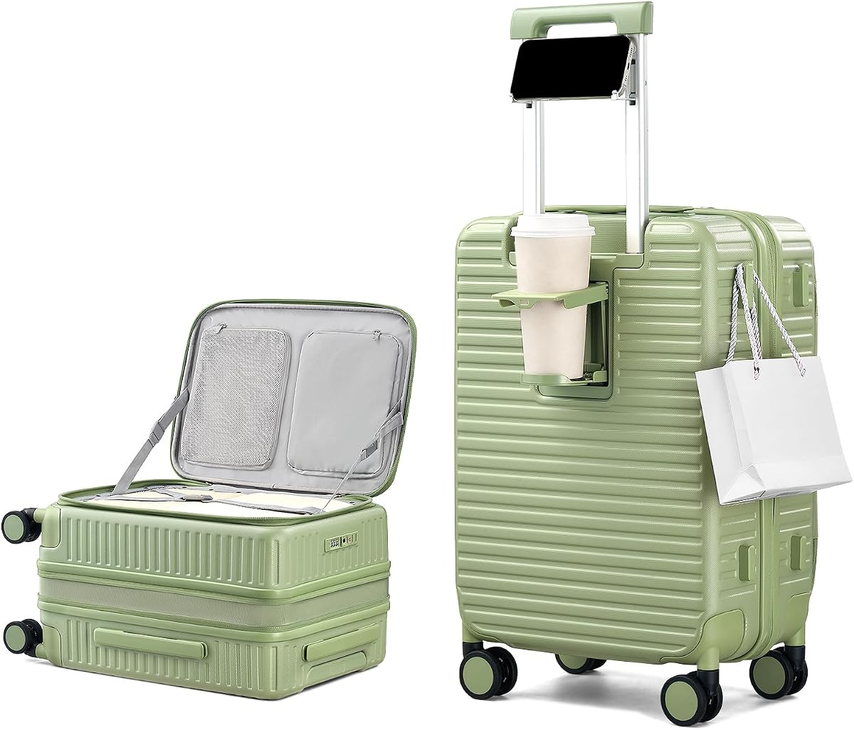 HanTrip Equipaje de mano rígido con ruedas y apertura superior de 20 pulgadas, verde | Ampliable, portavasos, soporte para teléfono, gancho lateral, compacto de 45 L, cerradura TSA, ligero, maleta pequeña con apertura frontal estilo baúl