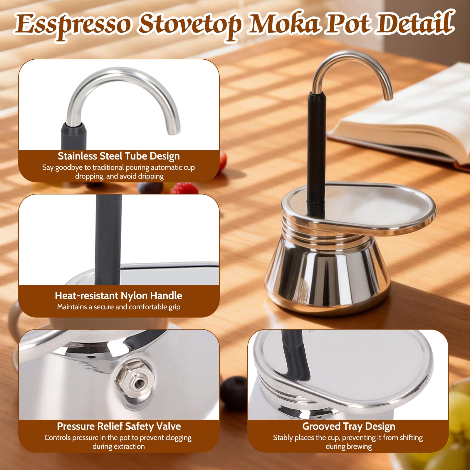 Buachois Moka con Beccuccio Singolo,Caffettiera Mocha,Piano Cottura per Espresso in Acciaio Inossidabile,Piano Cottura con Beccuccio in Stile Italiano con Tubo Singolo per Bar Cucina Domestica