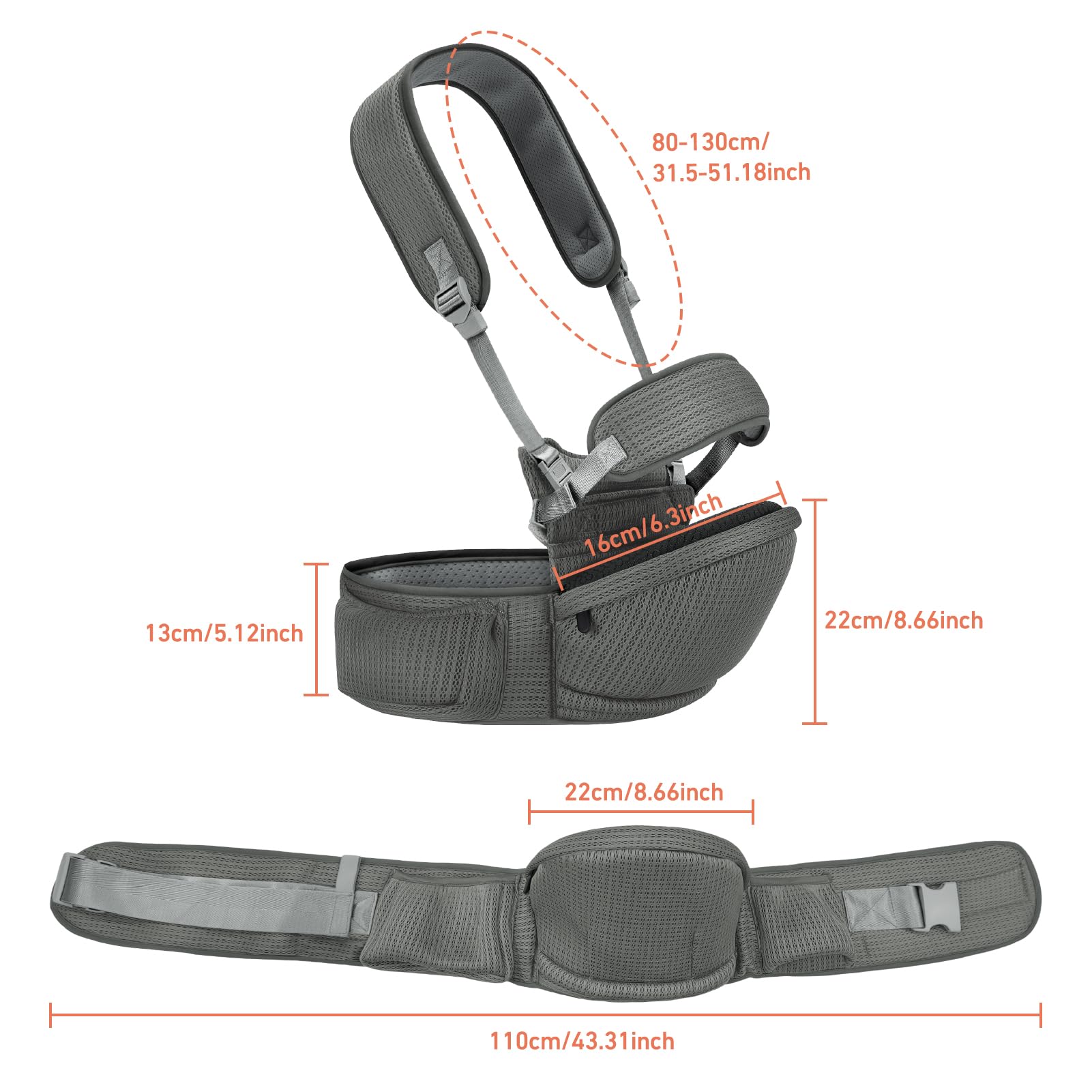 IULONEE Multifuncional Portabebé Asiento De Cadera Portabebés Ergonómico Portador De Bebé Hipseat Portador De Bebe Ergonomico Taburete De Cintura Portabebes Asiento De Cadera Para Bebé (Gris Oscuro)