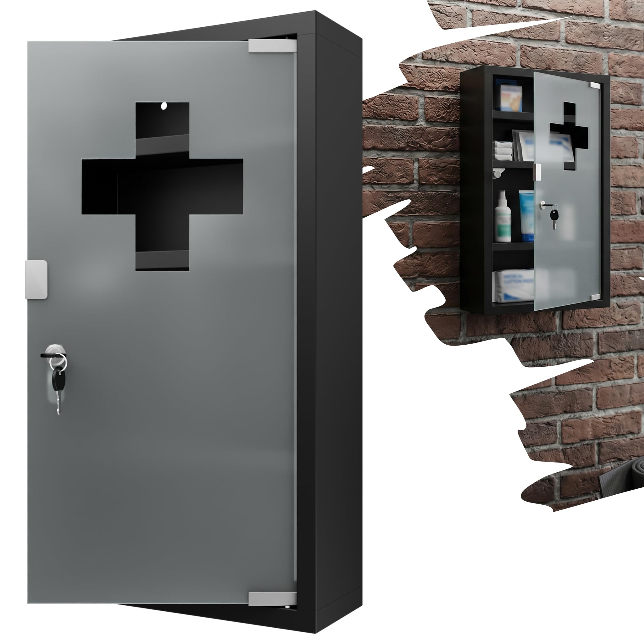 YRHome Armoire à Pharmacie en Acier Inoxydable, 4 Compartiments, Porte vitrée avec Serrure, Armoire à médicaments, secourisme, 57,5 x 30 x 12 cm - Noir