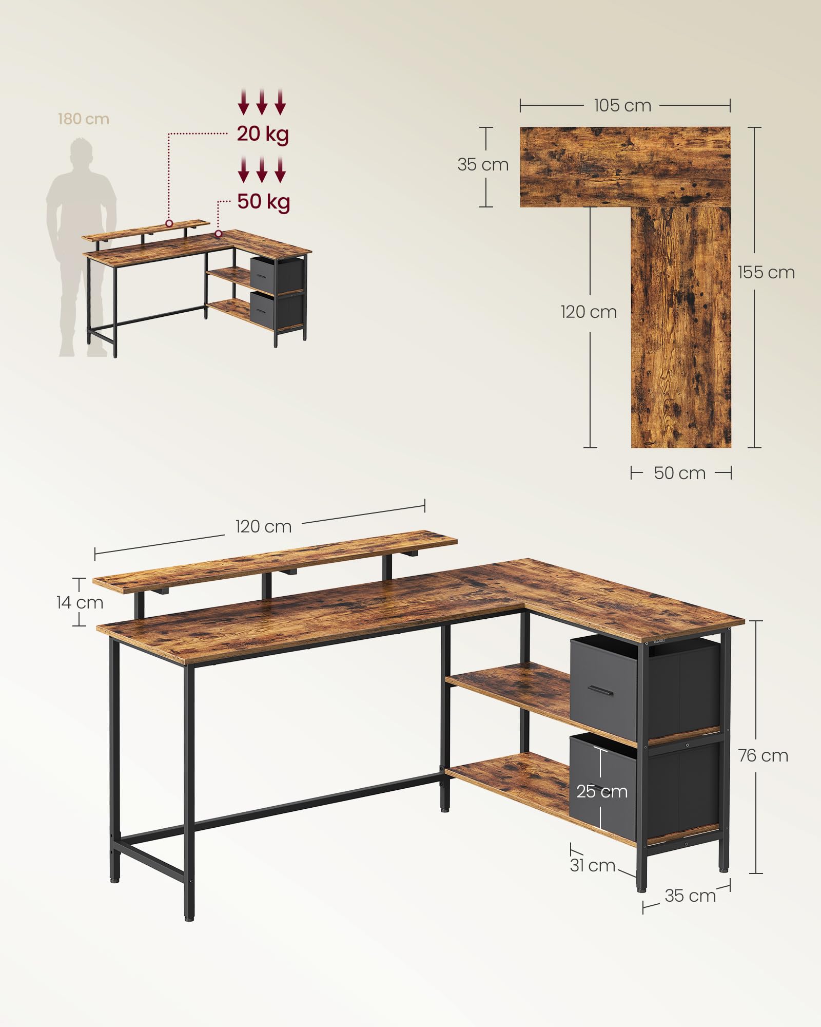 VASAGLE Escritorio en Forma de L, Esquinero, con 2 Amplios Cajones, Mesa con Soporte para Monitor, para Esquina, con Estante Ajustable, para Oficina Casa, 155 x 105 cm, Marrón Rústico LWD129K101