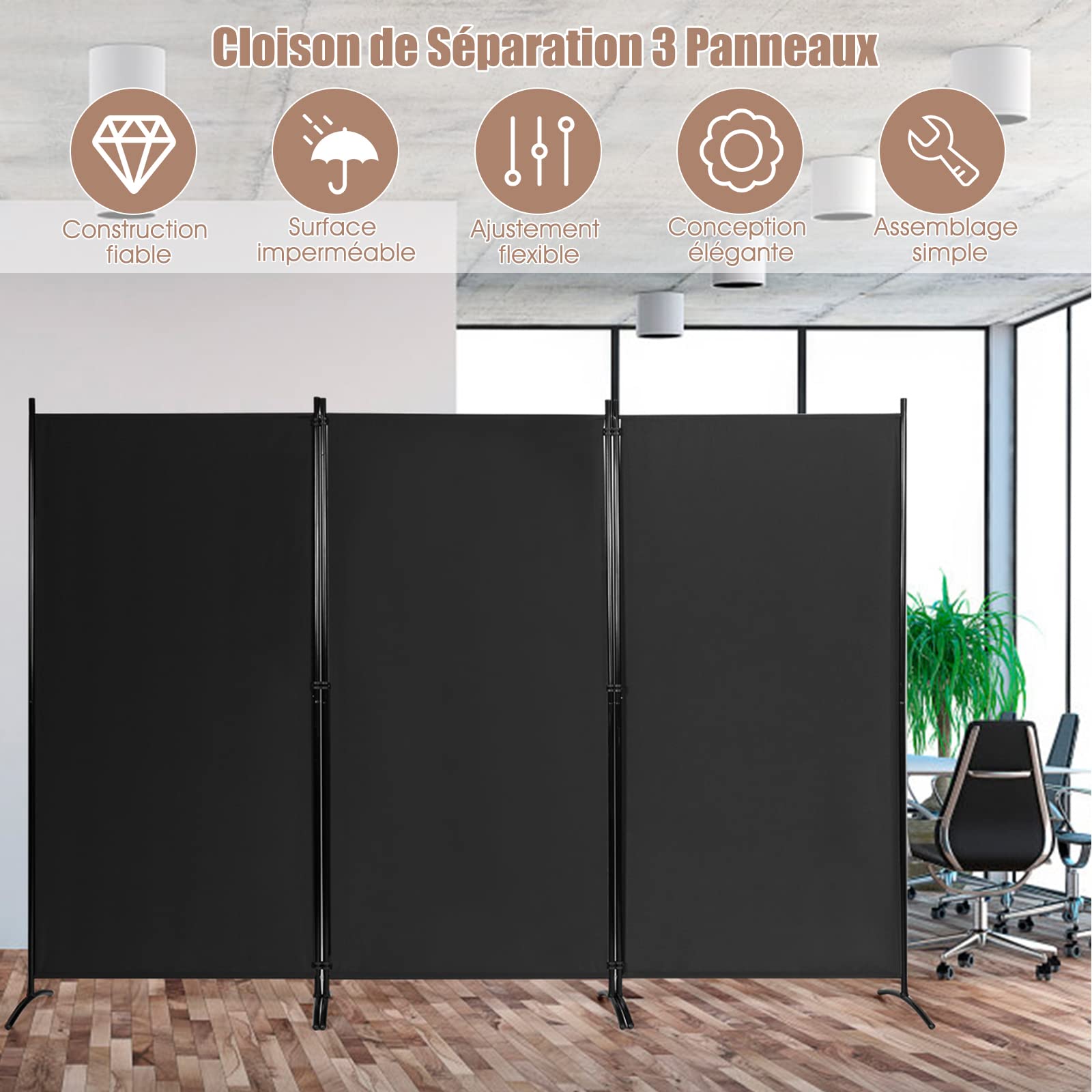 RELAX4LIFE Paravent 3 Pcs en Polyester 260X183 CM avec Cadre en Métal, Cloison de Séparation avec Charnières Résistantes et Base Incurvée, Paravent Pliable pour Salon/Jardin/Terrasse, (Modèle1, Noir)
