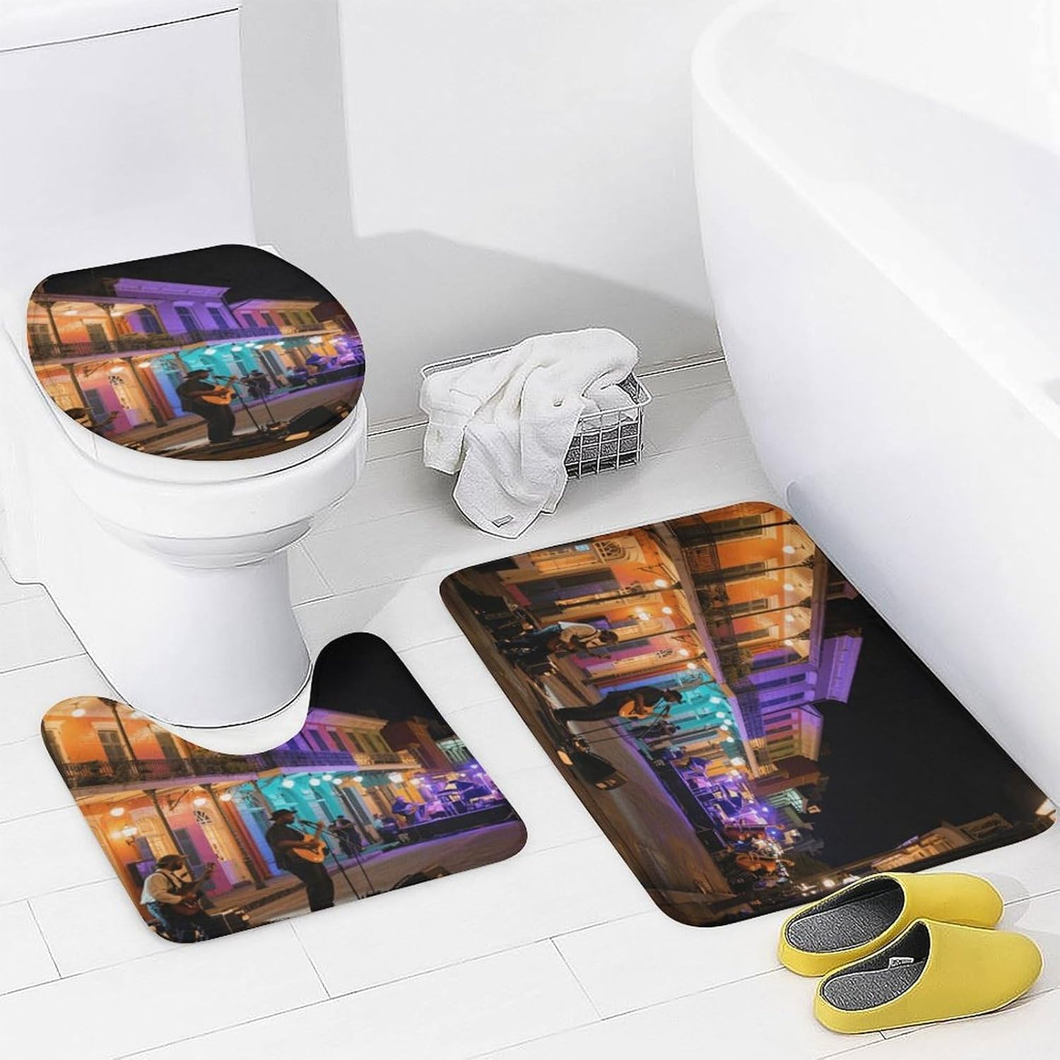 French Quarter Night Scene Bath Rug Set 4 Piece,Bathroom Accessories Set-Toilet Rugs U Shaped,Toilet Lid Cover,Shower Curtain and Rugs,Ultra Soft, Absorbent,Home Decor