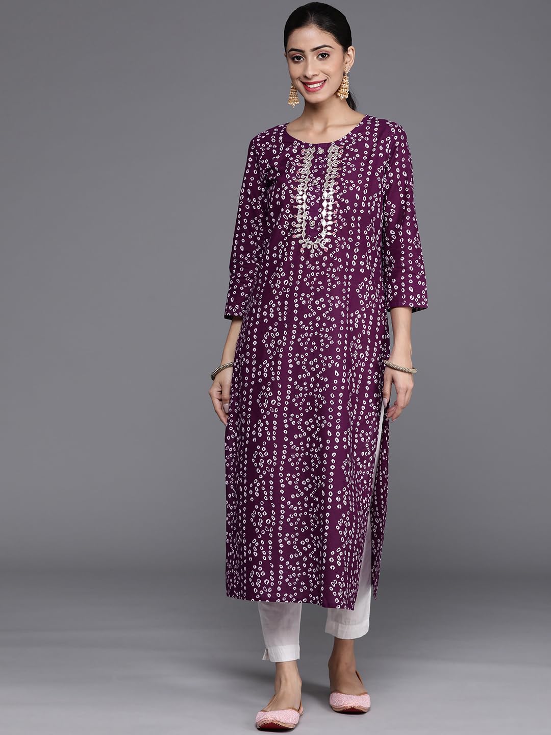 Jaanvi Fashion Kurta da Donna in Cotone Ricamato a Specchio Bandhani - Abbigliamento Etnico, Casual e Festivo, Comodo ed Elegante