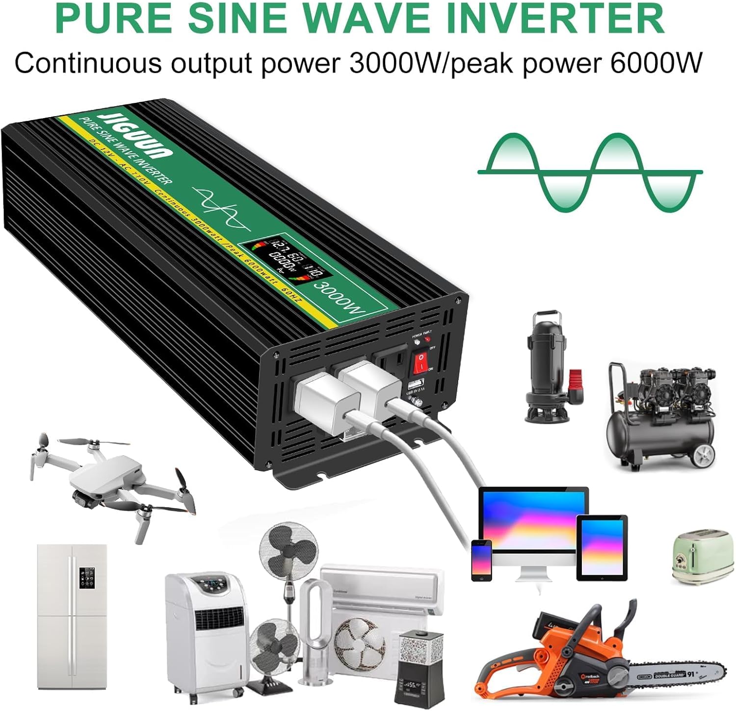 JIGUUN 6000W Peak 3000 Watt Pure Sine Wave Power Inverter,12v DC to 110/120v AC Power Converter 3 AC & USB Output,Power Converter LCD Display for Home RV Camping Outdoor Car Truck