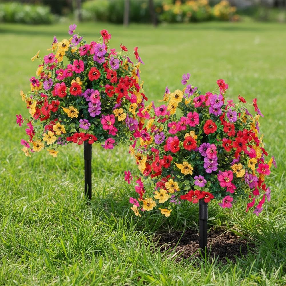 2Pack Artificial Petunias Flowers for Outdoors, 22inch Fake Bushes with Ground Stake Spring Decoration, UV Resistant Faux Summer Plants, Artificial Boxwood Topiary Ball Trees for Garden - 3