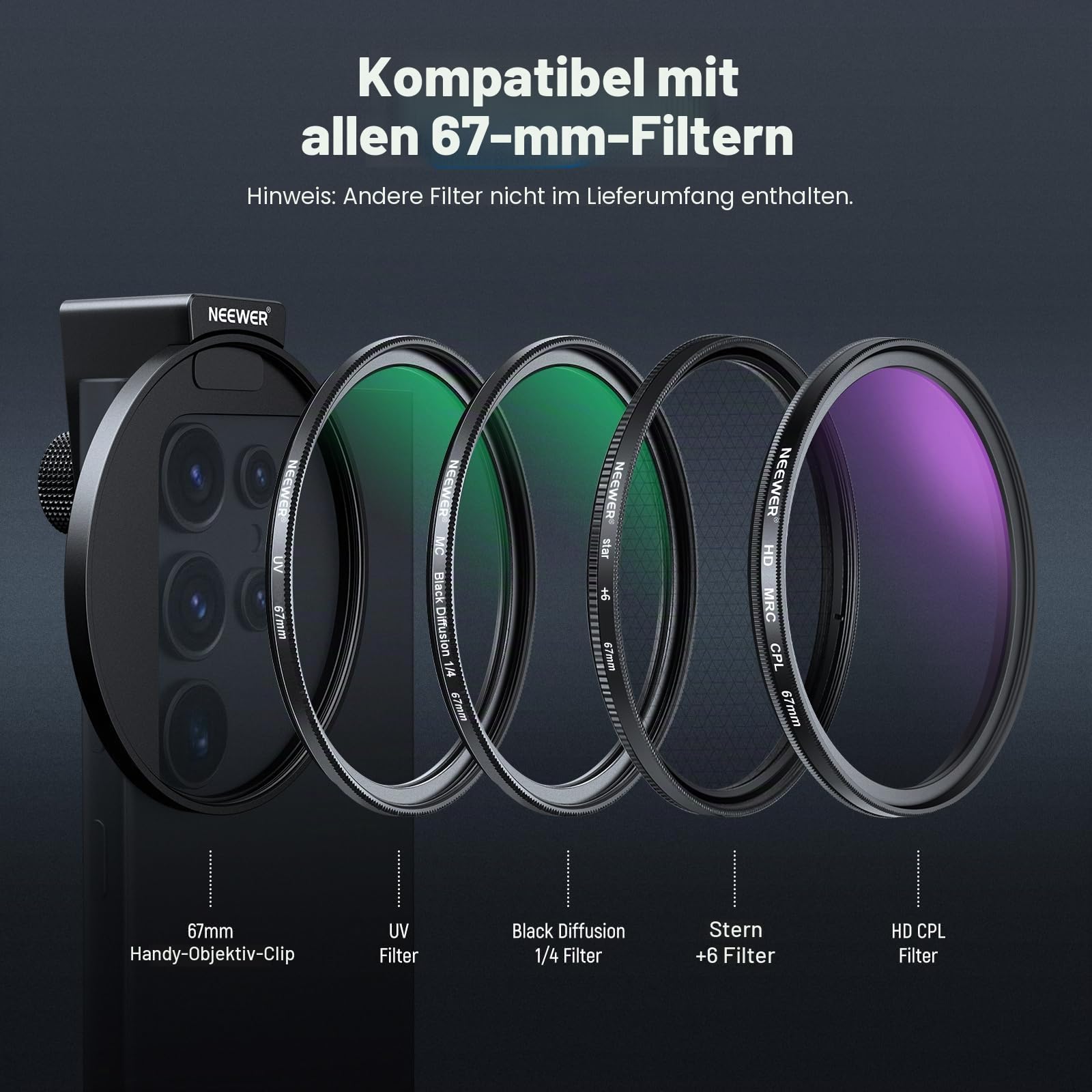 NEEWER 67mm CPL Filter für Telefon, 67mm HD Polarisationsfilter und Kaltschuh-Handyclip, inklusive Tragetasche und Objektiv-Reinigungstuch kompatibel mit Galaxy S24 Serie, iPhone 16 15 Pro Max 14 Pro