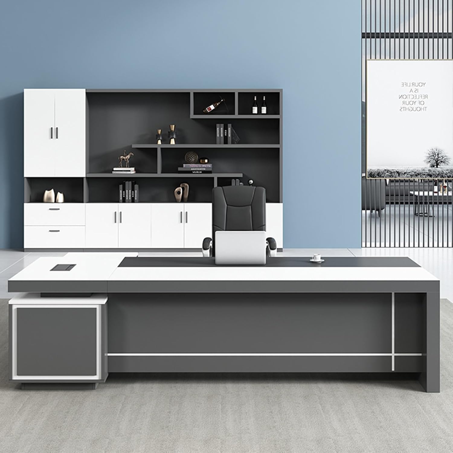 White L-Shaped Computer Desk Executive Office Desk with Lateral Cabinet Writing Study Table Business Furniture Set for Home Office