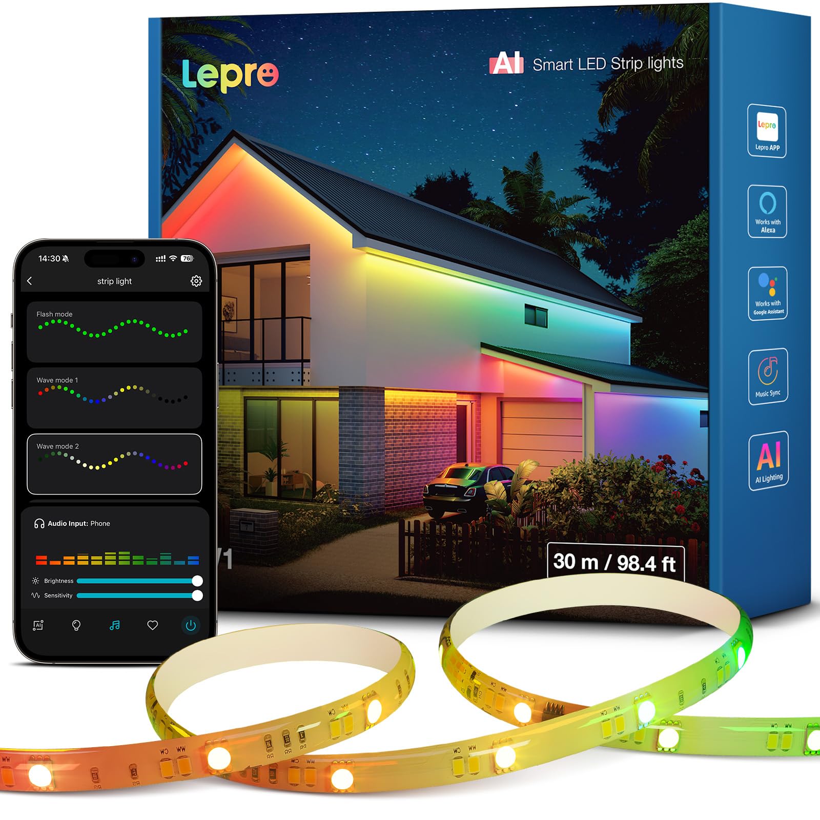 Lepro STV1 AI Smart TV podświetlenie tła z kamerą, taśma LED 5 m do telewizorów 75-85", niewielkie opóźnienia / synchronizacja muzyki/głosem i sterowanie aplikacją RGBIC taśma LED z ultraszerokokątnym
