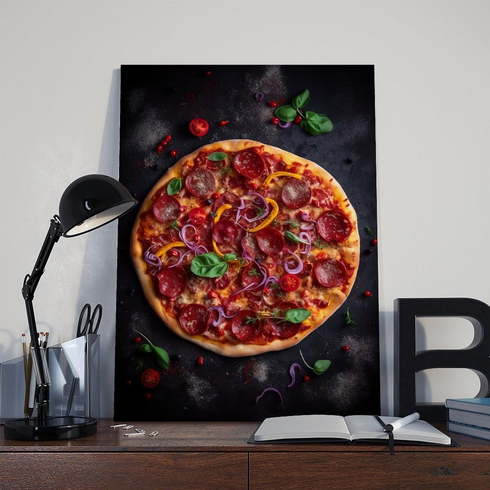 GIEIG Kunstdruck für Küche, Restaurant, Essen, leckere Salami, Pizza, Poster, Druck für Teenager, Jungen, Zimmer, Leinwand, Wandkunst, Leinwand, Gemälde, Druckrahmen, 40,6 x 61 cm