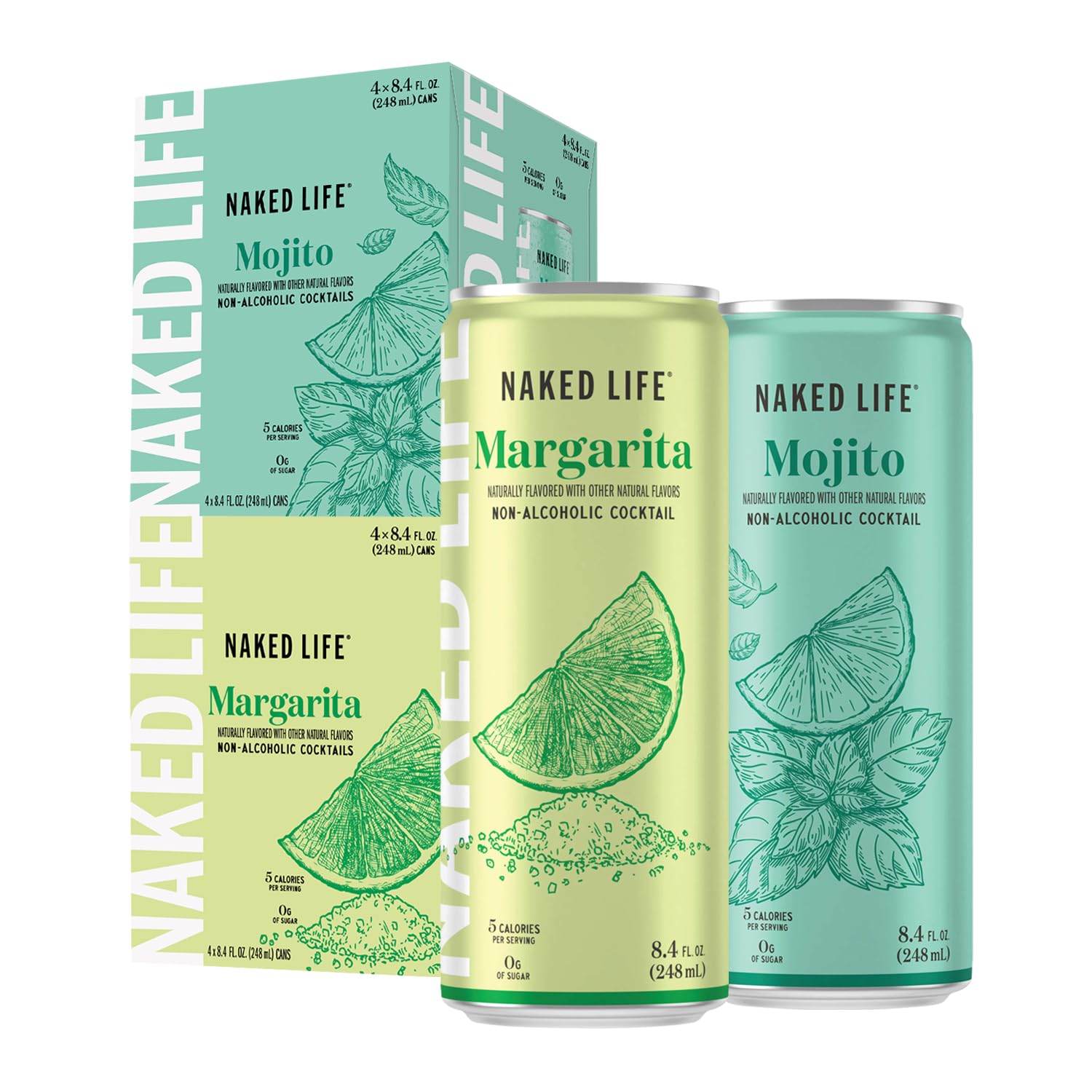 2 Pack Naked Life Non-Alcoholic Drinks, Margarita & Mojito Bundle, Zero Sugar, Low Calorie, Alcohol-Free Cocktails, Margarita Pack Of 4 + Mojito Pack Of 4 (8.4 Fl Oz)
