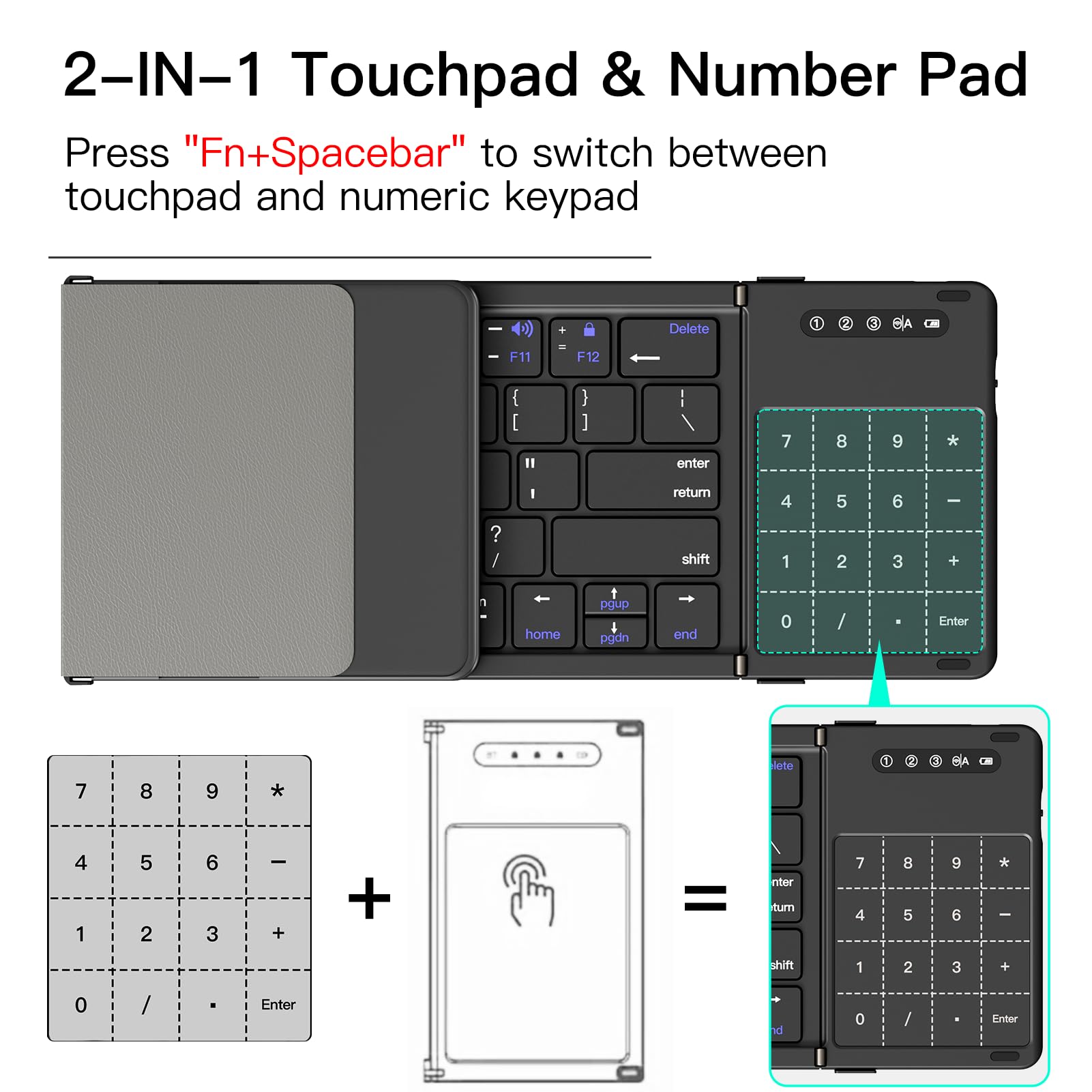 XIWMIX Tastiera Bluetooth pieghevole 2 in 1 con touchpad e tastierino numerico, multi-dispositivo pieghevole wireless ricaricabile portatile tastiera da viaggio per iPad, laptop, PC, compatibile con