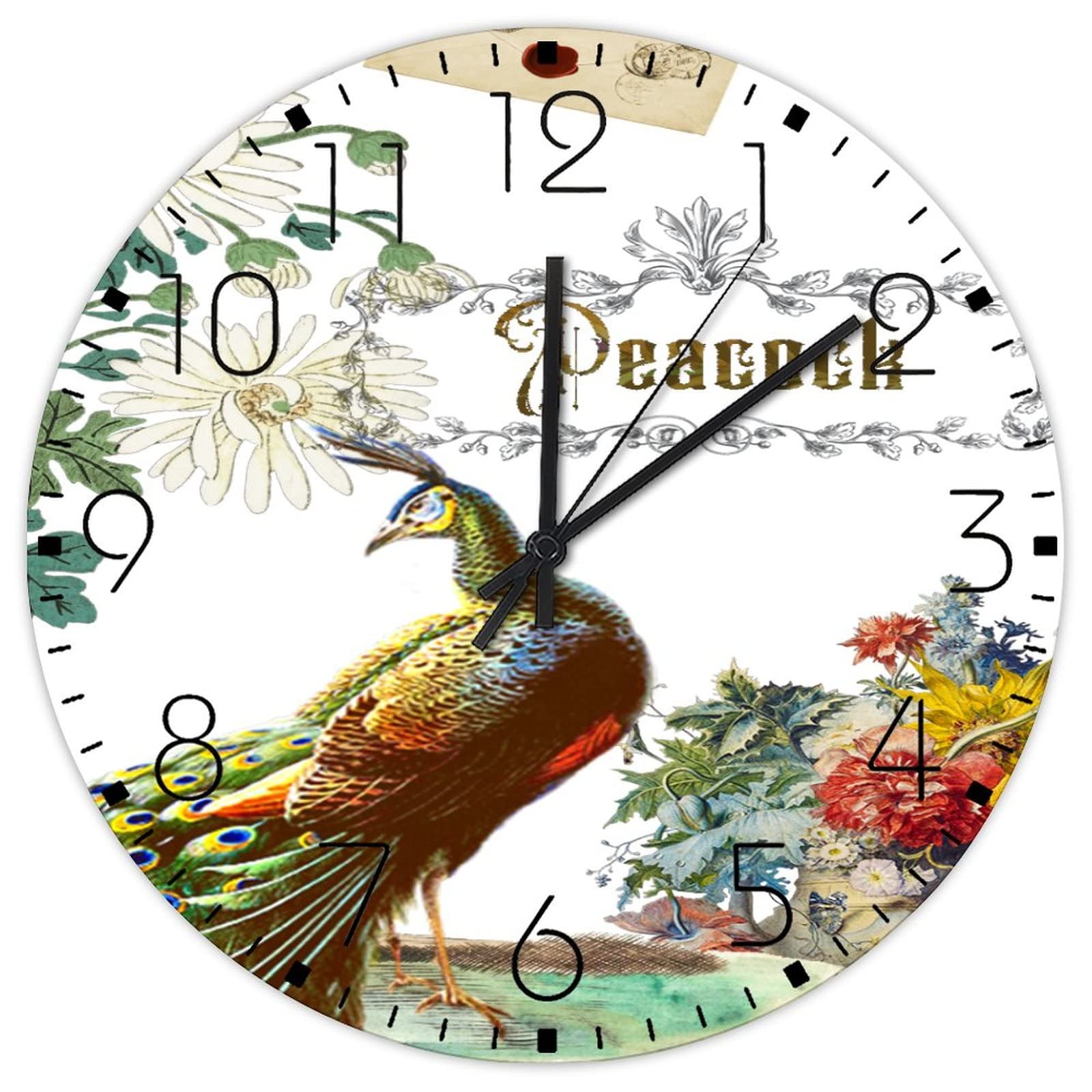 Horloge peinture florale paon grand format 38cm style épuré