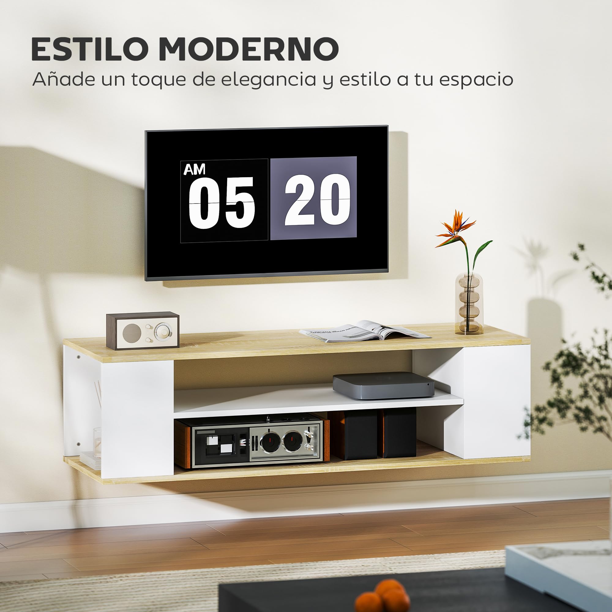 HOMCOM Mueble de TV con Ruedas, Mesa de TV Suspendido o de Pie, para Salón, con 4 Estantes Abiertos, para Televisión de 55 Pulgadas, Estilo Moderno, 120x40x38,5 cm, Natural y Blanco