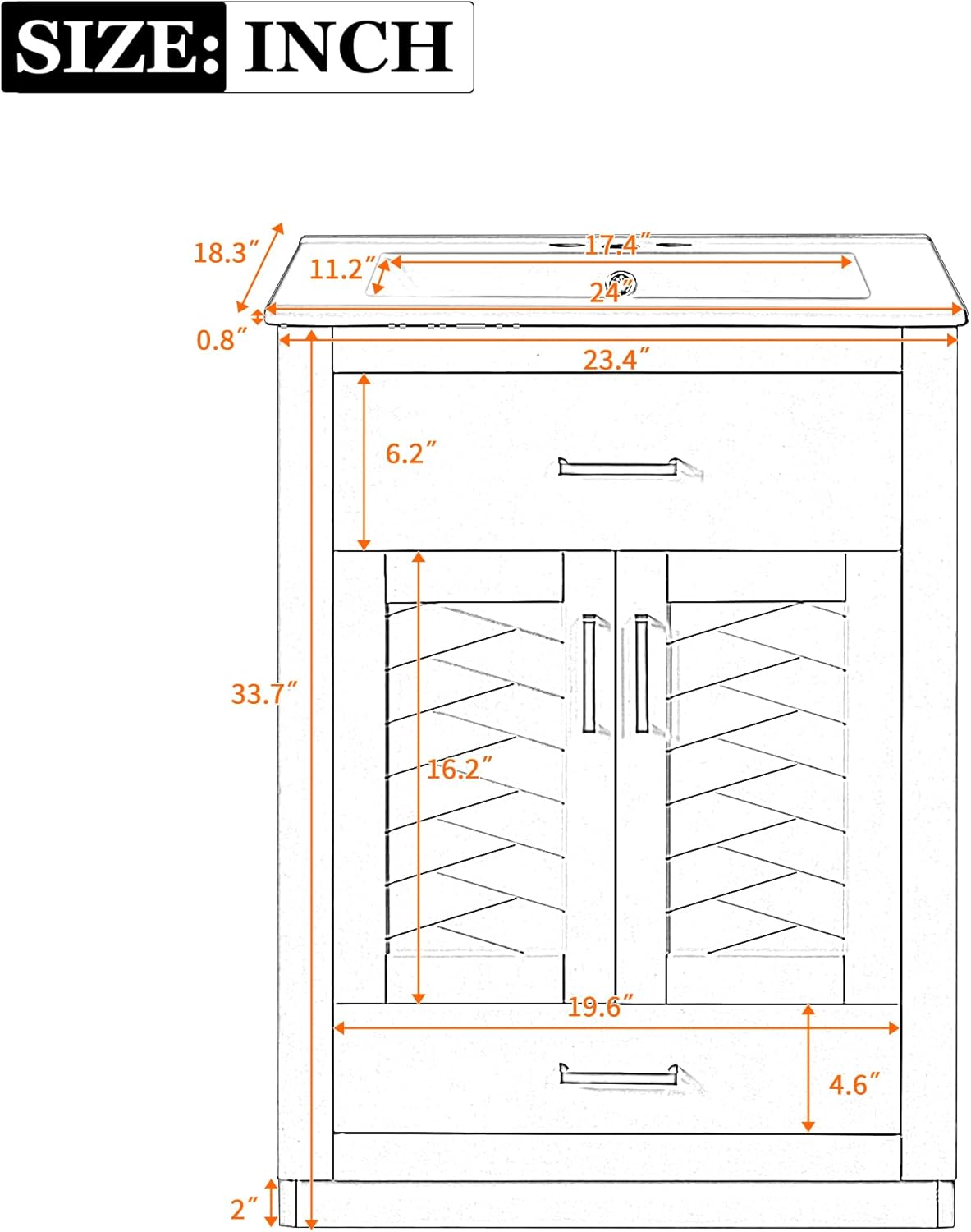 Merax Herringbone Single Sink Bathroom Vanity, Freestanding 24" Modern Bathroom Vanity Storage Cabinet with 2 Drawers and 2 Doors, Solid Wood Frame