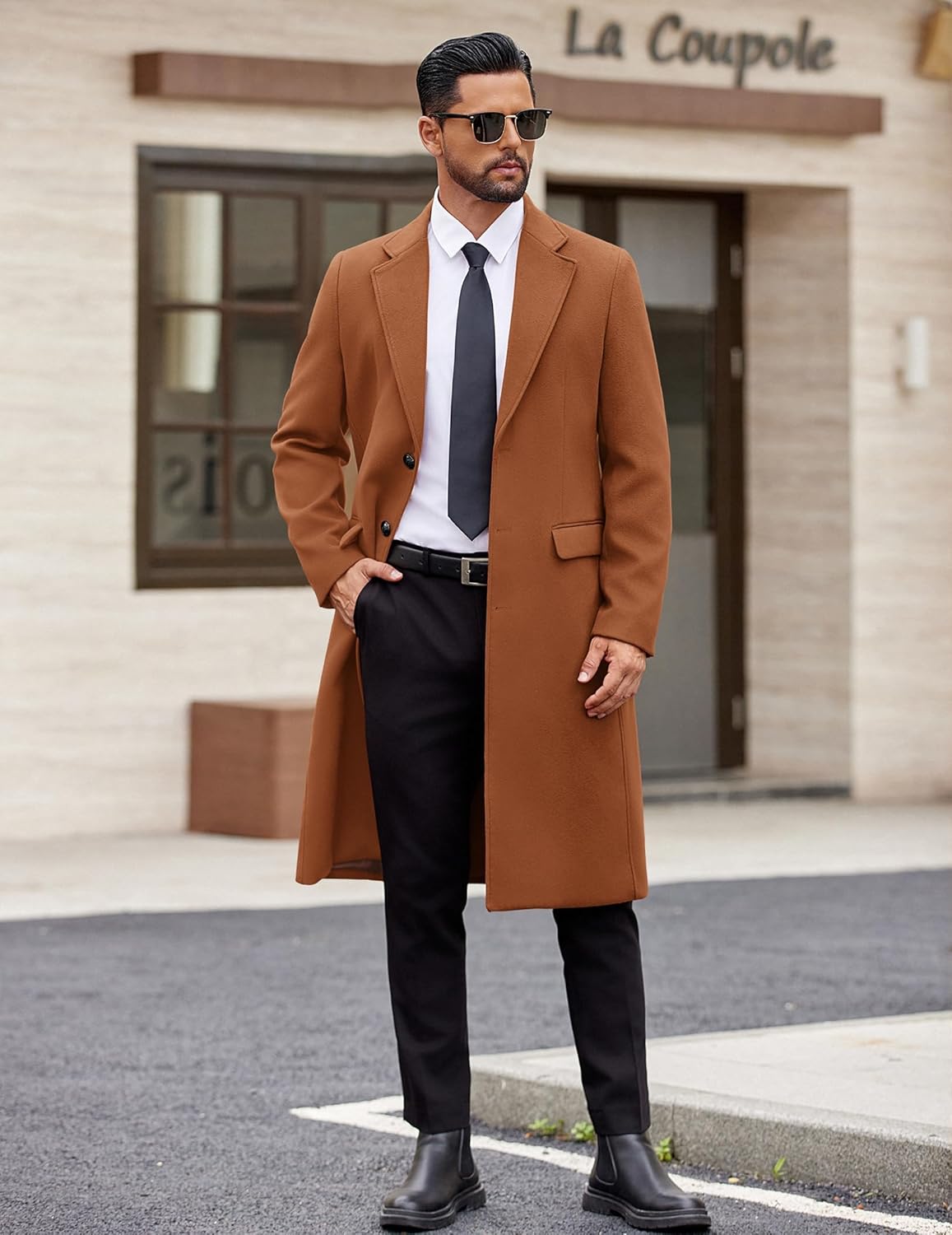 COOFANDY Mens Trench Coat Long Casual Single Brested Overcoat Winter Notched Collar Wool Blend Pea coat With Pockets - Image 4