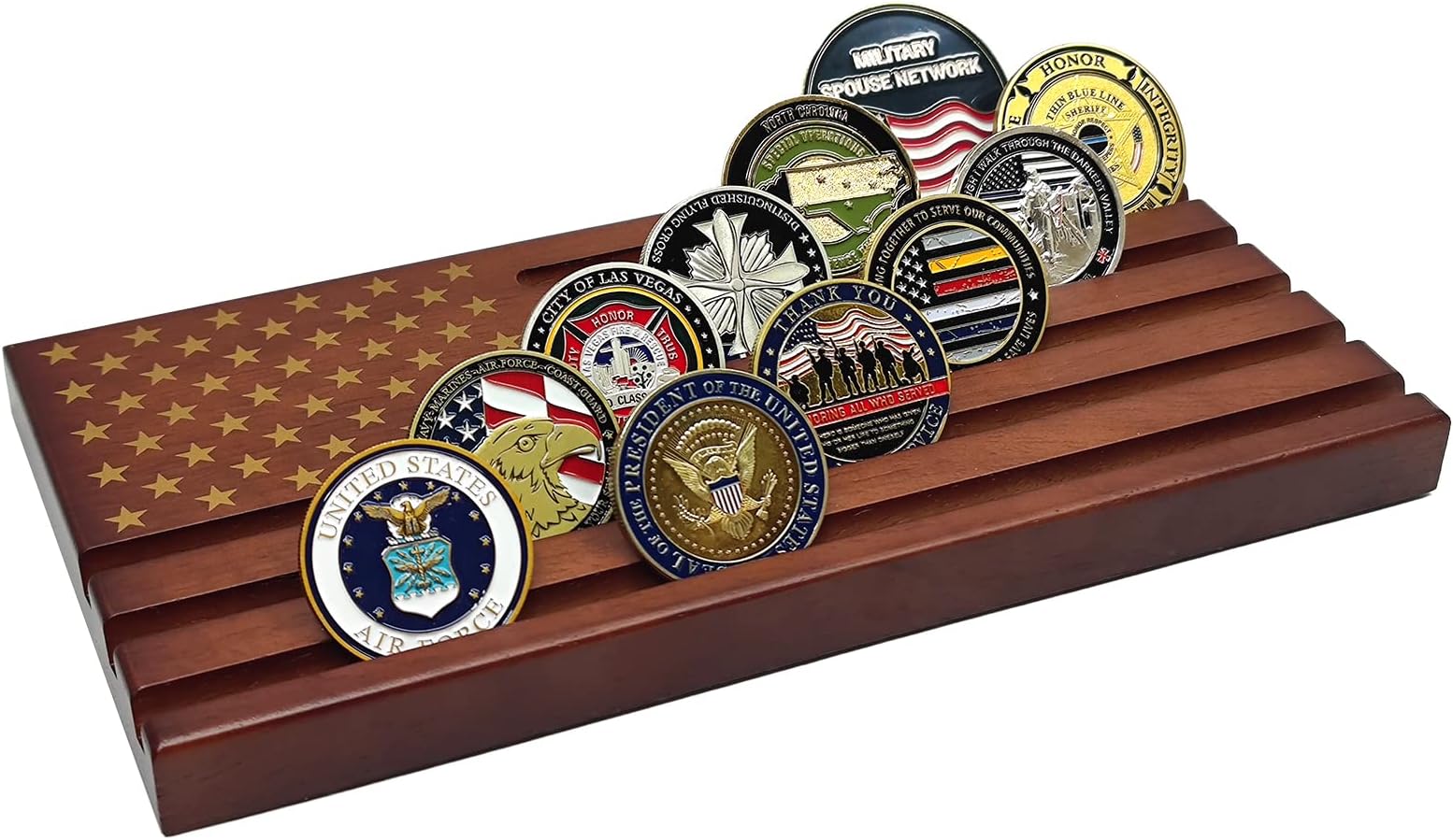 LIUYALO Premium Challenge Coin Display Stand, 6 Row Solid Wood Military Coin Holder with American Flag Design, Desktop Coin Display Rack for Challenge Coins, Medals & Veteran Gifts(red)