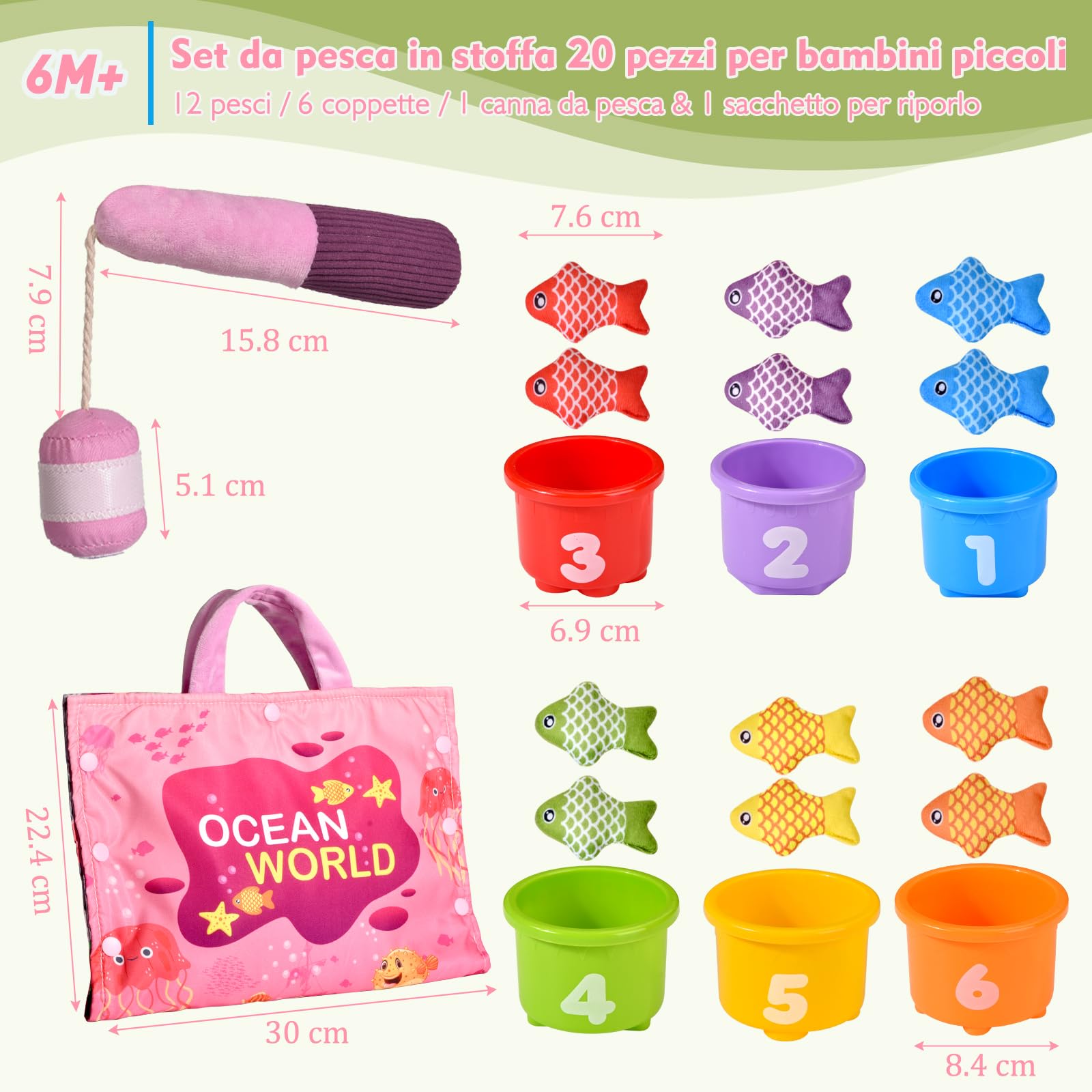 Yitical Giochi Bambini 1 Anno, 20PCS Montessori Gioco Pesca Morbidi, Regalo Bambina 1 Anno 6 9 12 Mesi 2 Anni, Interattivi Educativo Giocattoli Bimba Bimbo-Rosa