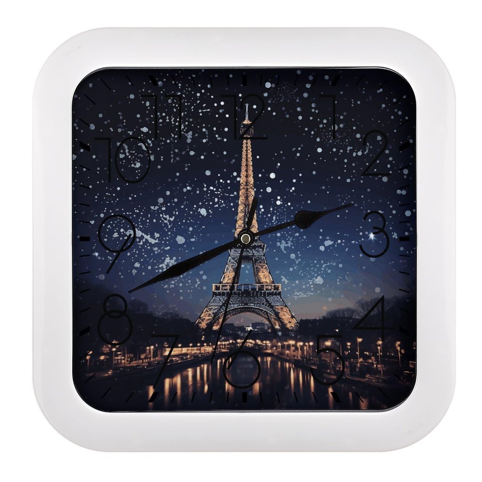 LZQPOEAS Night Paris Eiffel Tower Square Wall Clock, 10.2 Inch Battery Operated Silent Non-Ticking Wall Clock, Square Analog Decorative Clock for Home Wall Art, Living Room, Bedroom, and Office