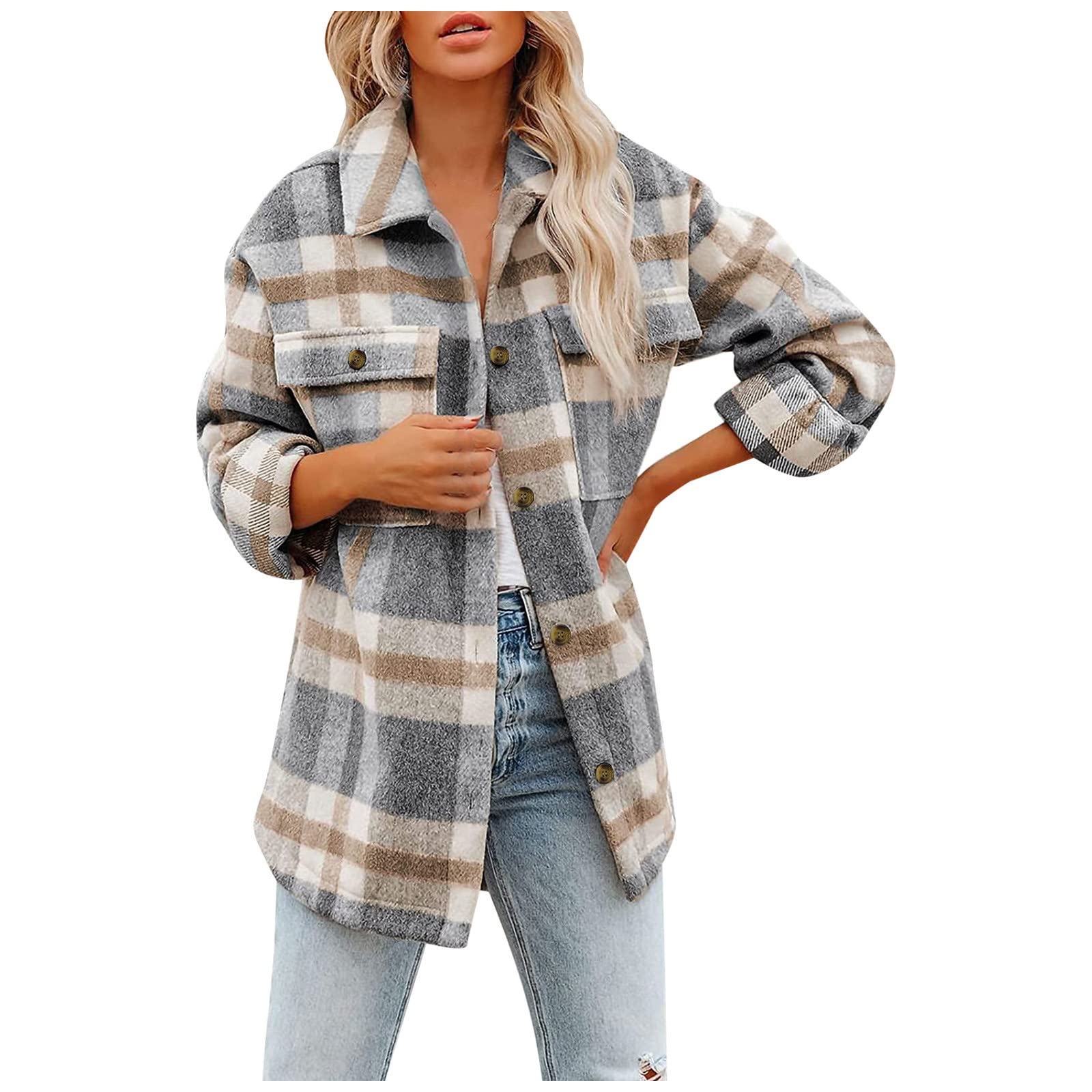 Brushed Plaid Shirts Long Sleeve Flannel Lapel Button Pocketed Jacket Coats For Women's Extra Large Women Jackets