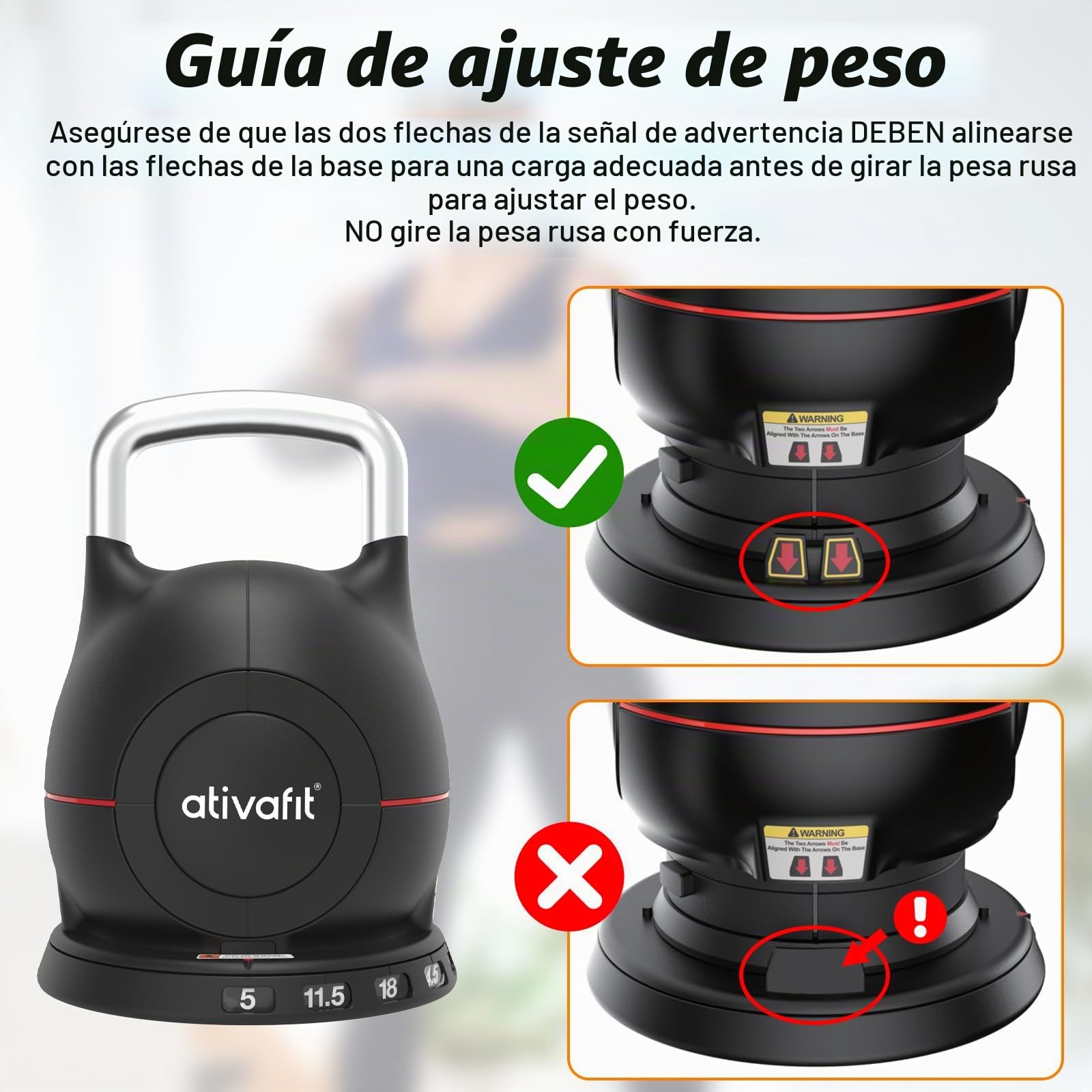 ATIVAFIT Pesa Rusa Kettlebell Ajustable 7 en 1 (2-20 kg), Varilla de Aluminio Macizo, Ajuste Rápido con Mosquetón de Seguridad, Agarre Ergonómico, Ahorro de Espacio para Gimnasio en Casa
