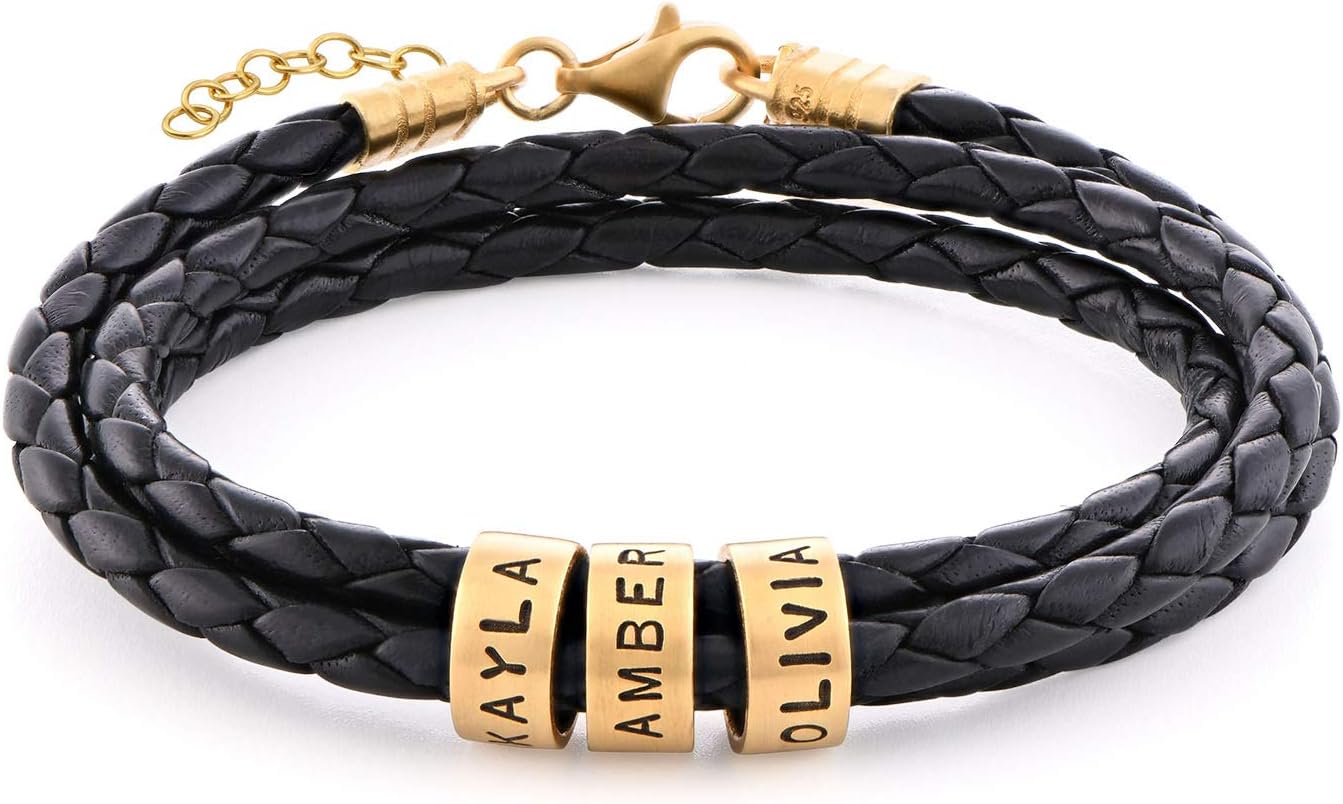 Personalized Braided Black or Brown Leather Adjustable Bracelet with Engraved Beads for Women, Her, Mom, Girlfriend - 925 Sterling Silver, 18K Gold Plating, Vermeil - Dainty Custom Gift For Mother's Day, Christmas, Xmas, Birthday
