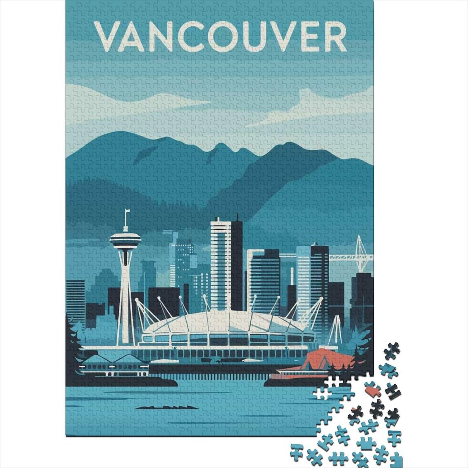 Vancouver Skyline Poster Jigsaw Puzzle 1000 Pieces, Retro Travel Poster Artwork, Matte Printed Jigsaw for Puzzle Lovers, Weekend Hobby, 70x50cm/1000pcs