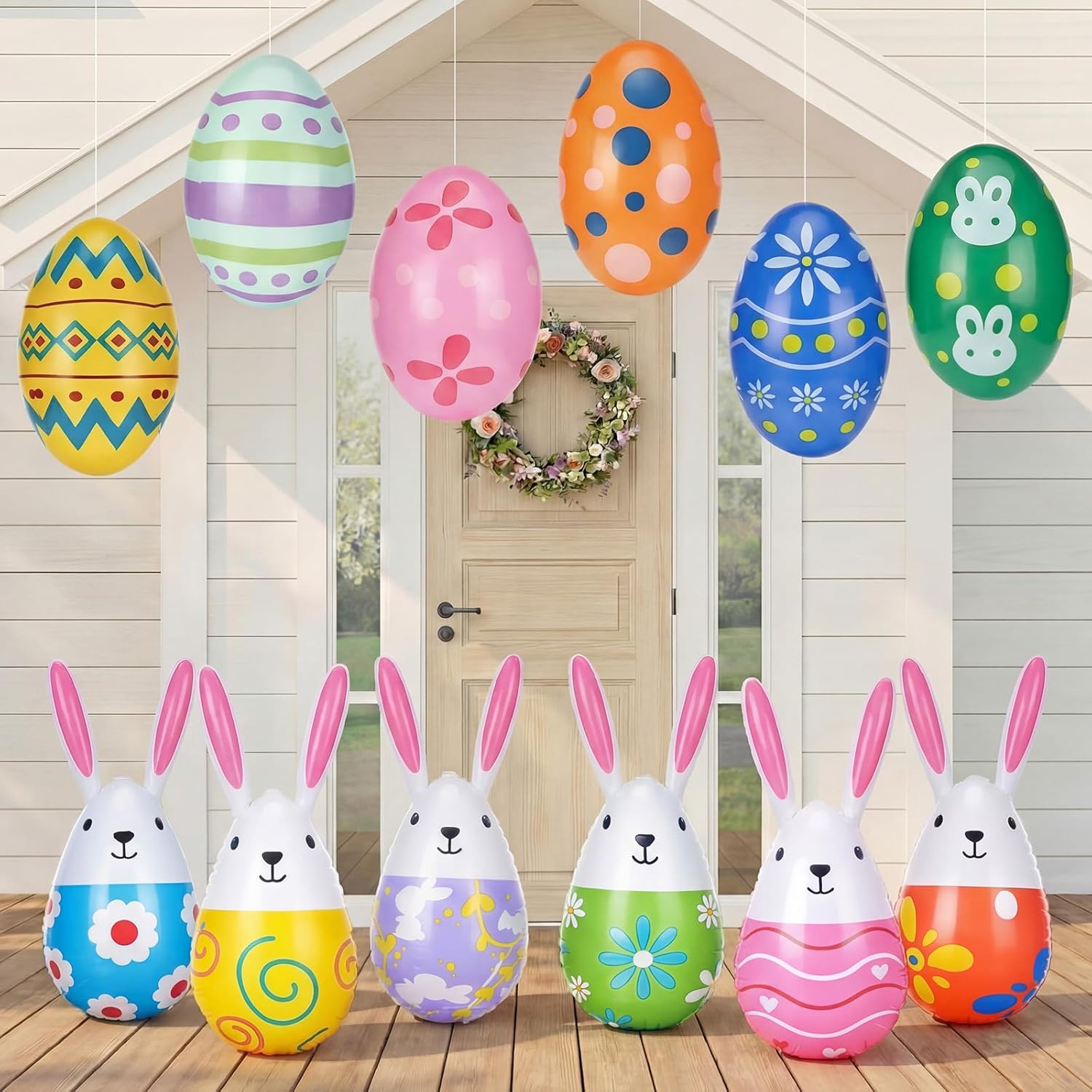 Foilswirl 12 Pcs Inflatable Easter Decorations Including 6 Pcs 16 Inch Bunny and 6 Egg Easter Inflatable Colorful Yard Decorations for Indoor Outdoor Lawn Yard Garden Decor
