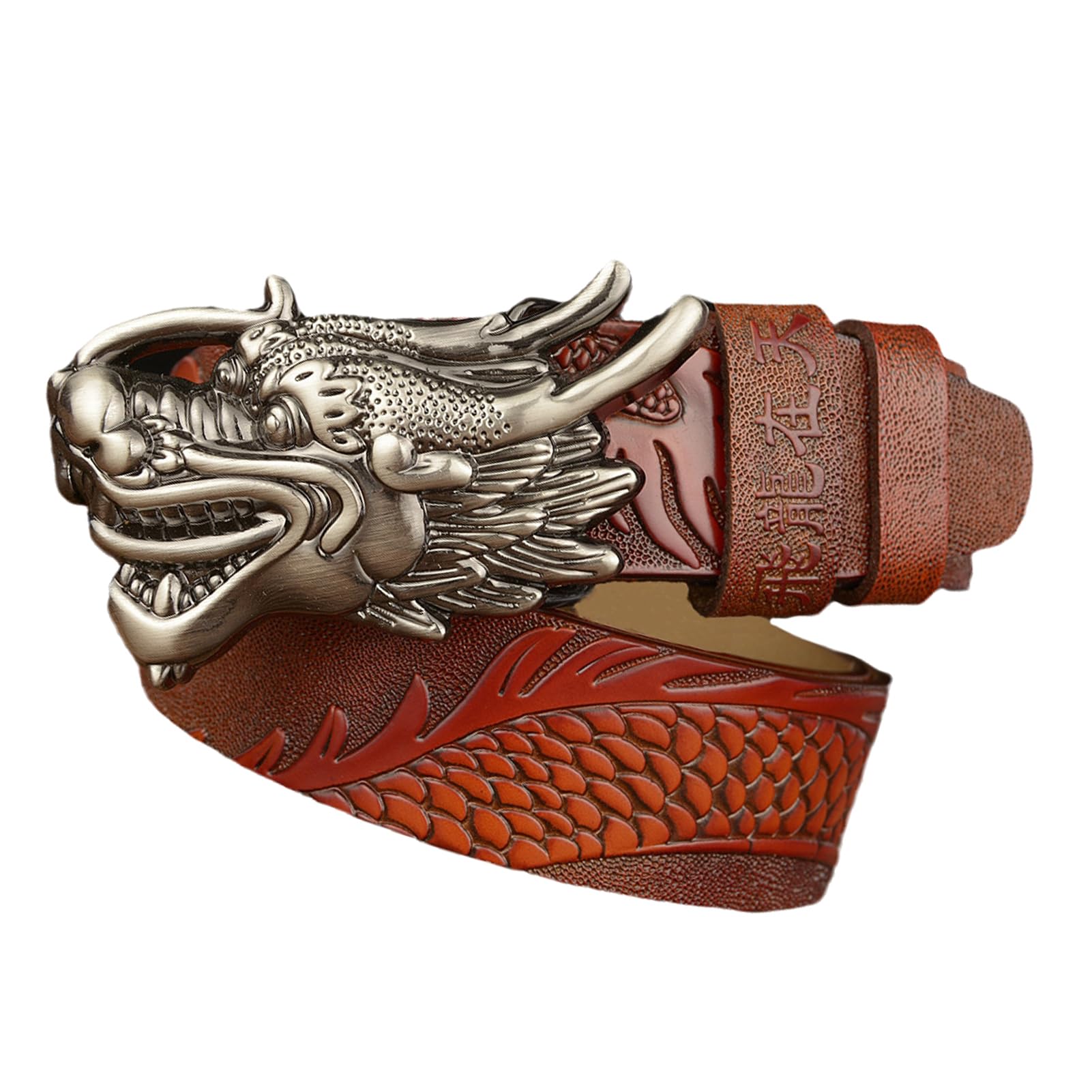 Cinturón De Cuero Estilo Western Con Trinquete En Relieve, Hebilla Deslizante Automática Ajustable Y Dragón Plateado