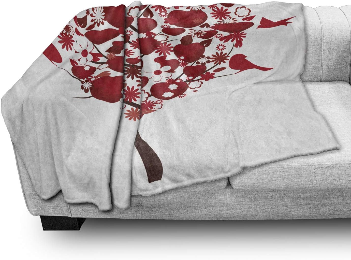 Lunarable Valentine's Day Throw Blanket, Love Tree with Hearts Flowers and Birds Graphic, Flannel Fleece Accent Piece Soft Couch Cover for Adults, 50" x 60", Vermilion Seal Brown
