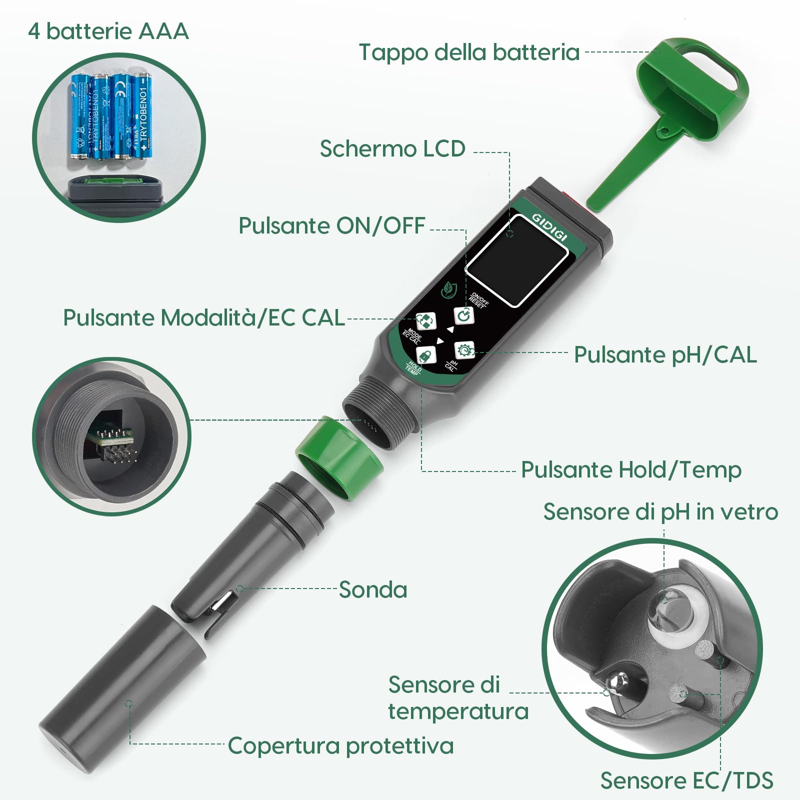 Misuratore di pH digitale 4 in 1 tester PPM per acqua EC TDS temp penna per test qualità dell'acqua idroponica piscina