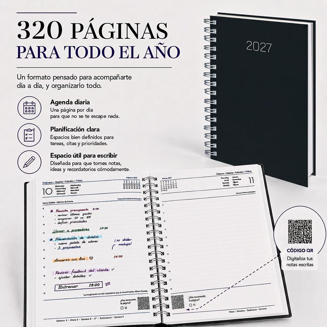 DEUSTO Agenda 2027 Pagina por Dia | Dietario Anual A5 Enero-Diciembre | Agenda con OrganaizED+, Espiral y Ángulo perforado, Agenda de Trabajo Oficina Estudiantes, Negro