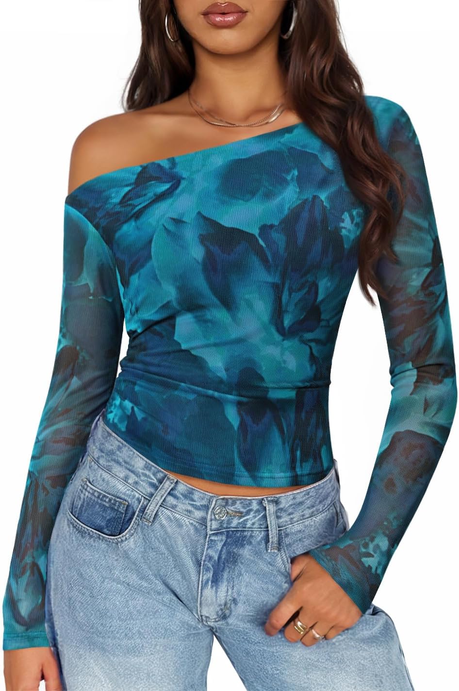 ZESICA Women's Floral Off Shoulder Long Sleeve Tops 2026 Spring Mesh Ruched Fitted Trendy Going Out Shirts Blouses