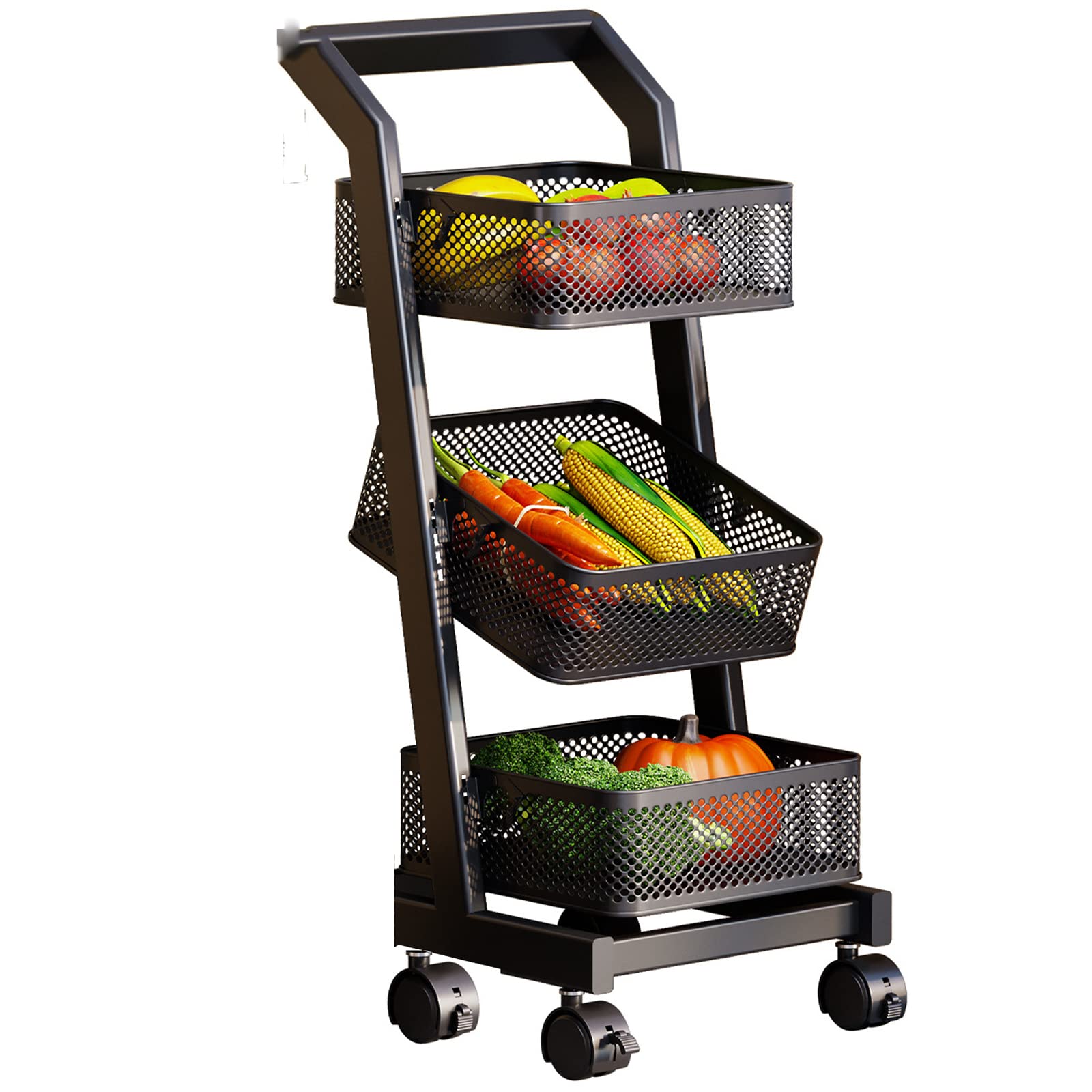 Eiwitany Multi-layer Floor-to-ceiling Rack 360° Universal Wheel with Armrest Multi-functional Large-capacity Mobile Kitchen Trolley (black A three layers)
