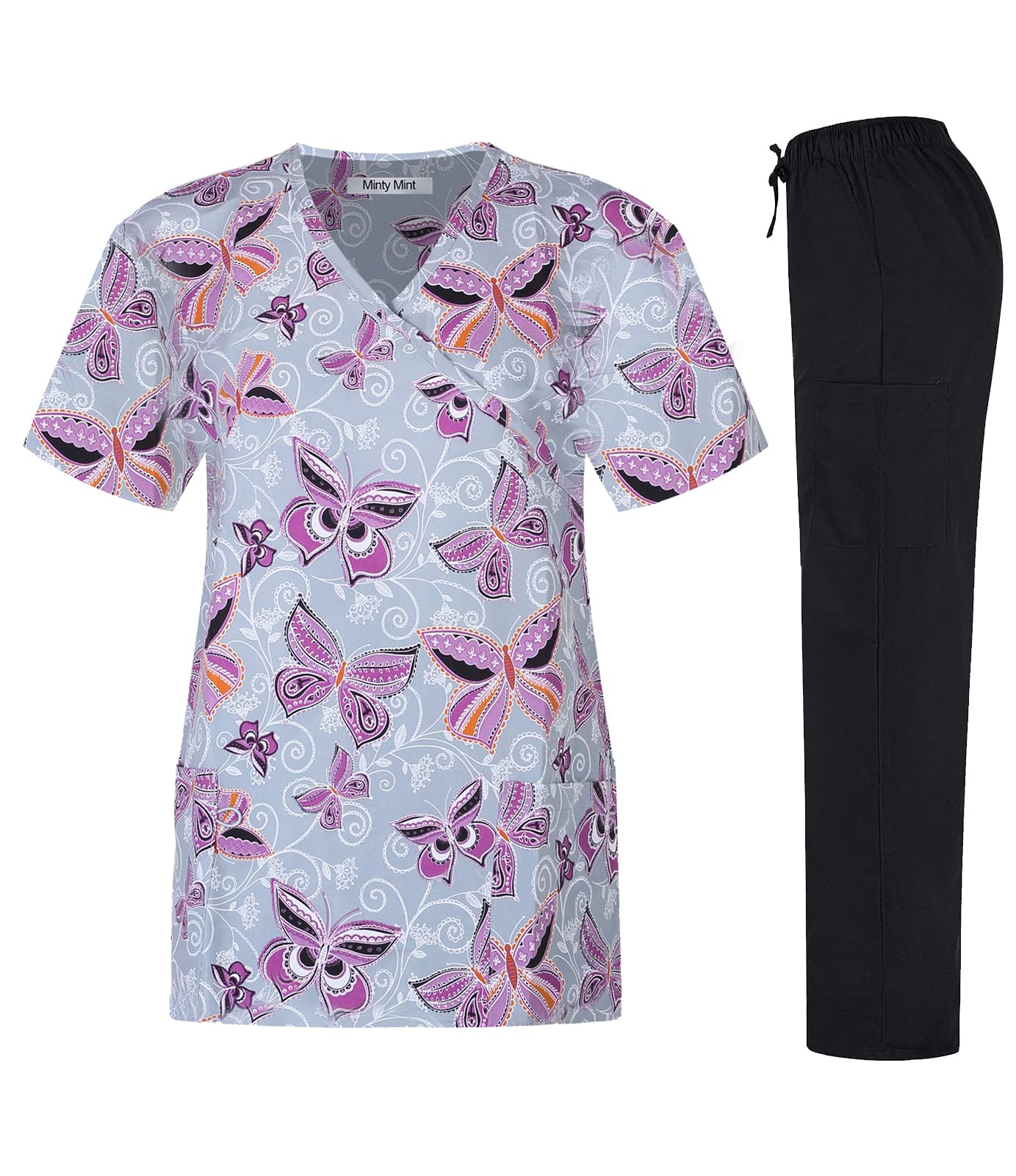 Minty Mint Women's Microfiber Printed Medical Scrub Set V-Neck Top and Pants Light Grey XS