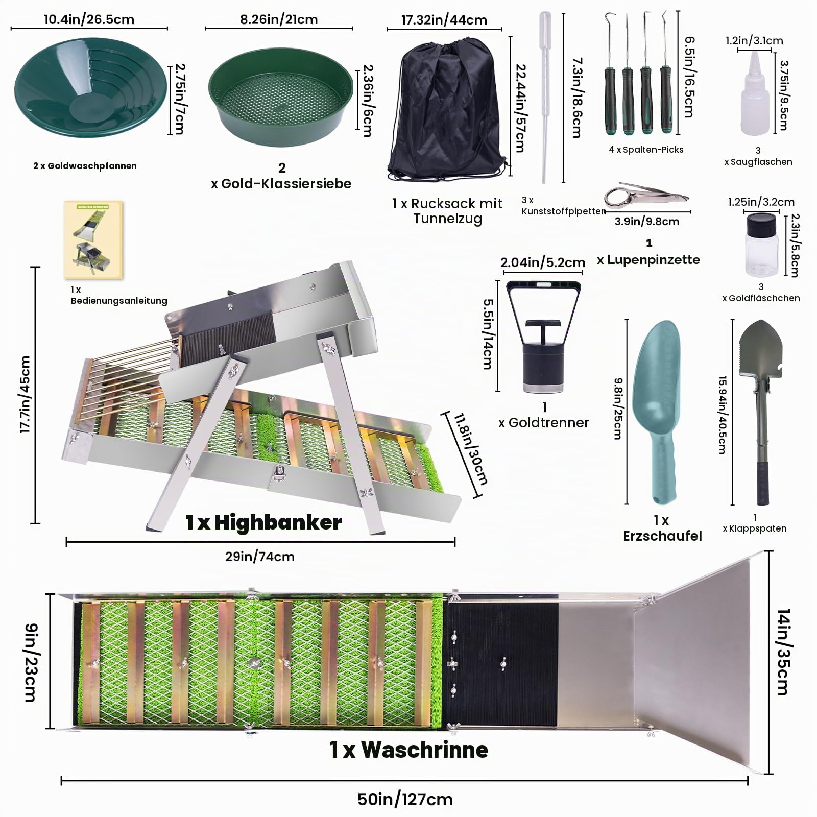 3 in 1 Highbanker Gold Panning Kit, verformbare 127 cm Faltbare Goldschleuderbox, tragbare Bergbauausrüstung für Erwachsene, 34 Stück, inklusive Goldpfanne, Klassifizier-Bildschirm, Magnet, Rucksack