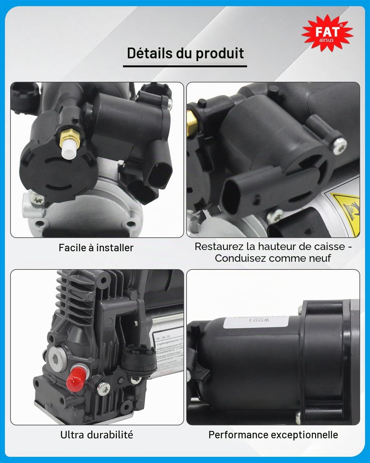2213201704 W221 Pompe de compresseur de suspension d'air compatible avec Mercedes Classe S SL550 2213200904 2213201604 0025427619 2005-2013