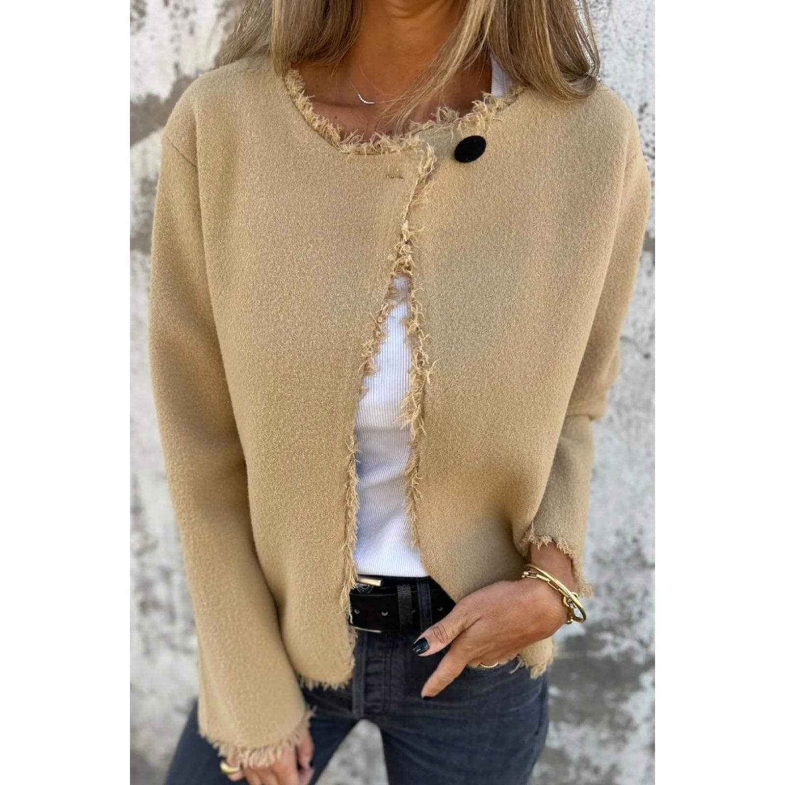 Genérico Chaqueta de manga larga con cuello redondo y cuello de piel para mujer, chaqueta corta informal con abertura delantera, cárdigan ligero con botones.