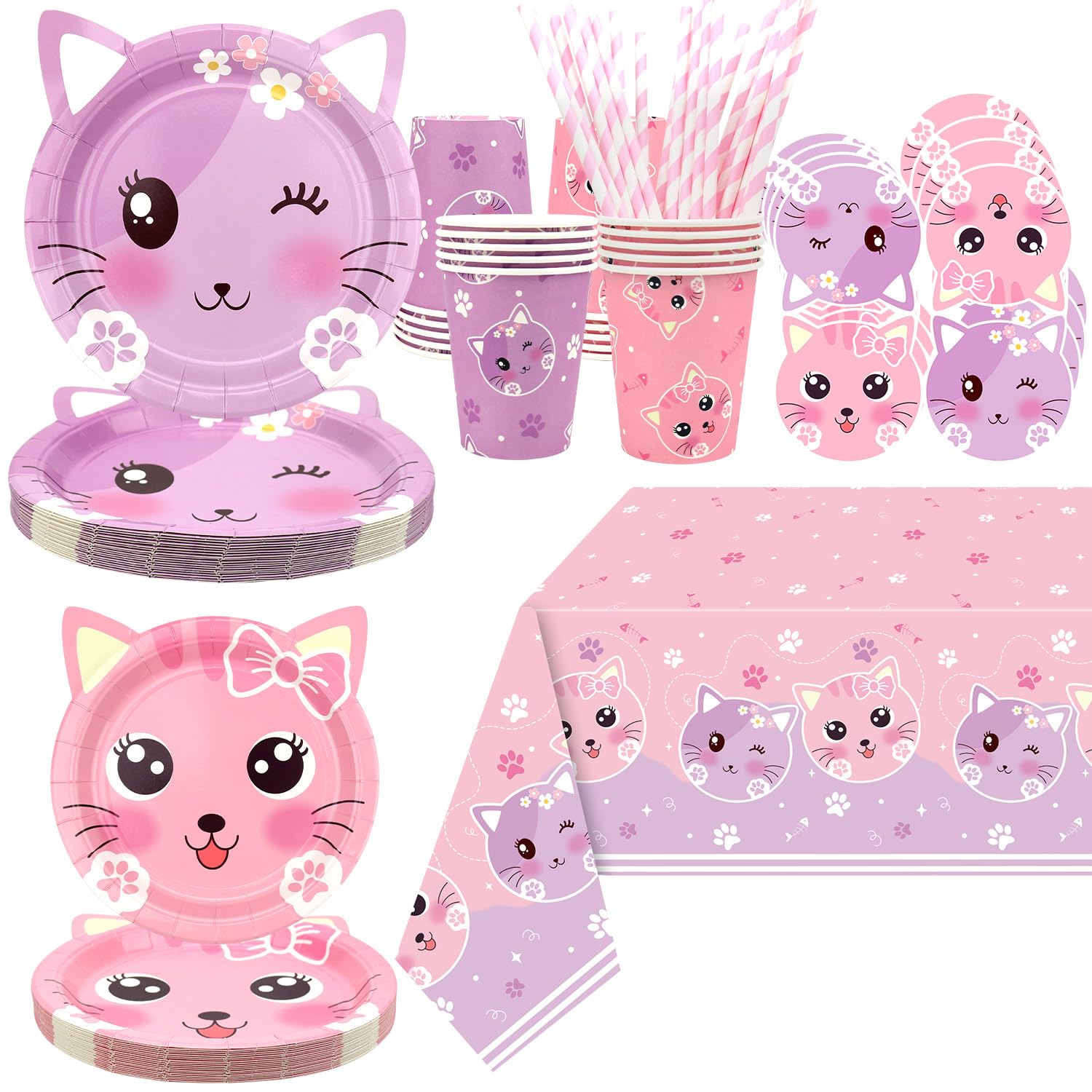 Festa di compleanno a tema gatto Stoviglie usa e getta Piatto di carta Tazza Torta Topper Festa di compleanno per bambini Fornure per decorazioni fai-da-te  15