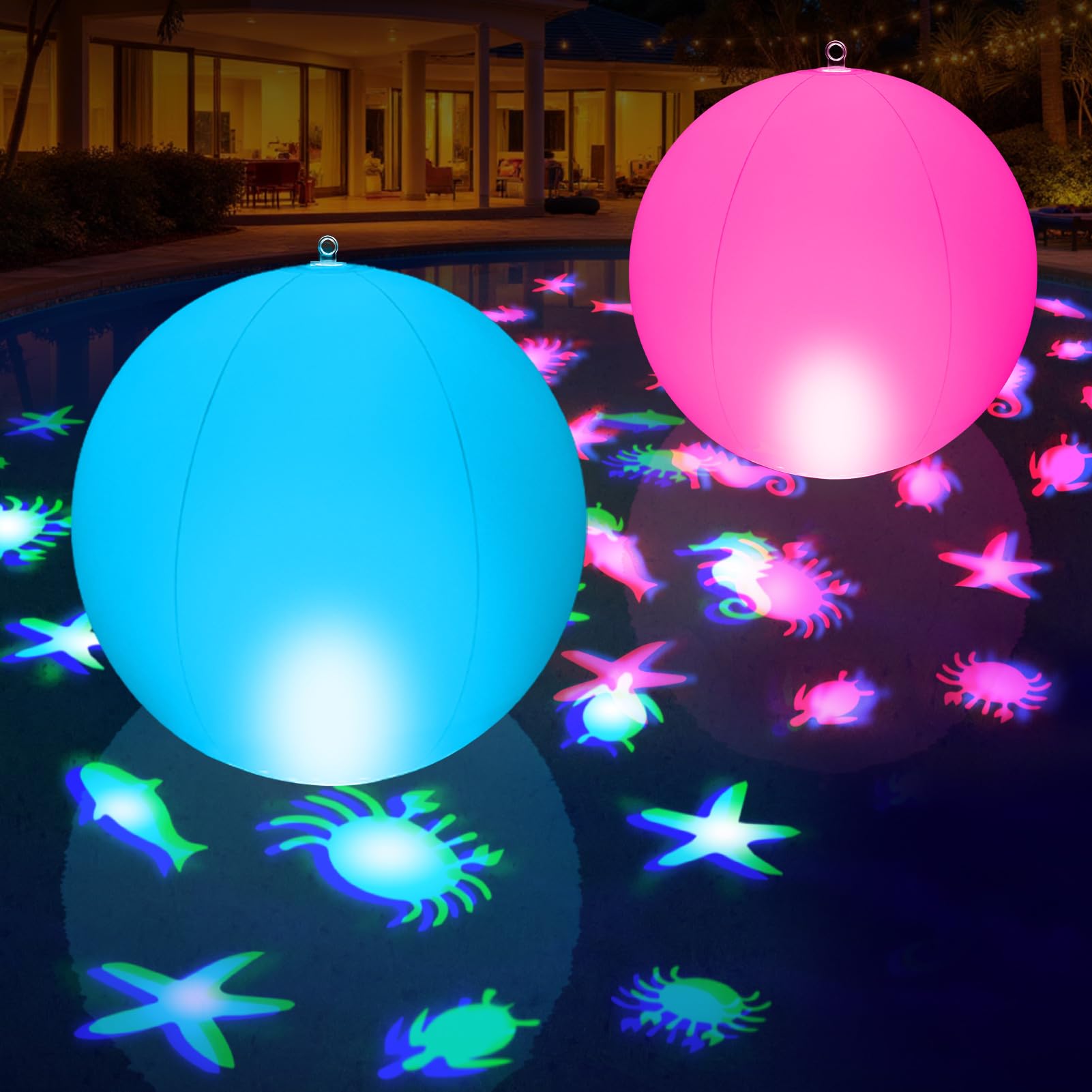 Luxfero Schwimmende Poolbeleuchtung Solar, Aufblasbar Leuchtkugel Pool Lichter schwimmend Solar, IP68 wasserdichte Schwimmende Teichleuchten,Hängender Ball mit Tier Schwimmkugeln Teich– 2 Stück