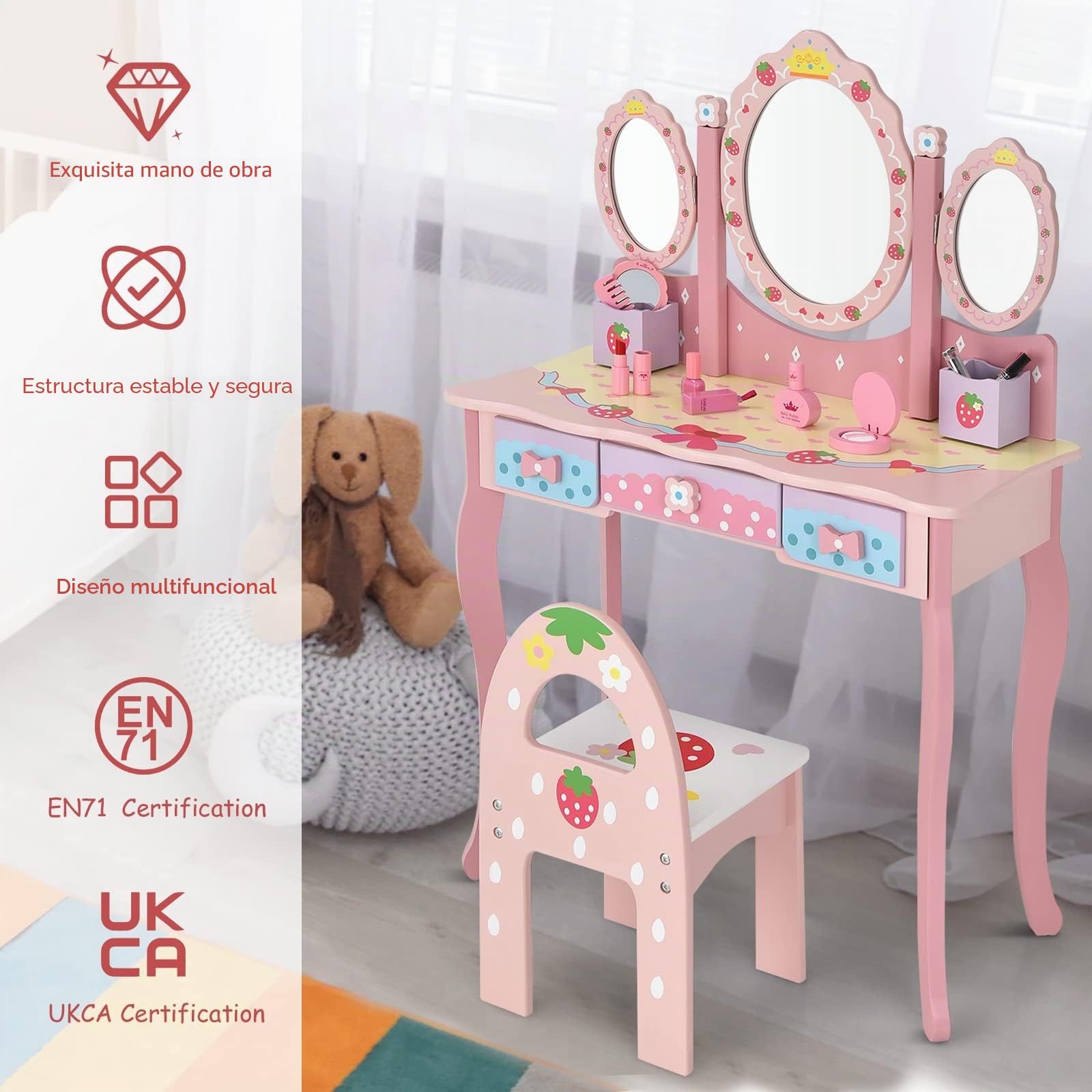 LIFEZEAL Tocador Infantil con Espejo, Juego de tocador de Maquillaje con Taburete, Mesa de Madera con Espejo extraíble, Escritorio con 3 cajones y 2 Cajas para niñas 3 años（Rosa）