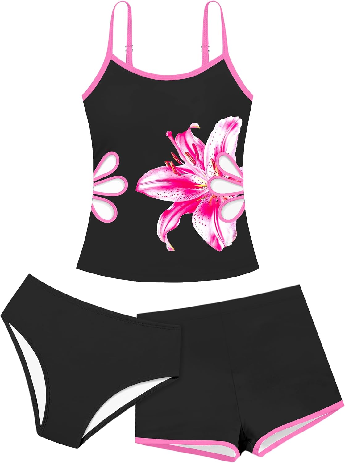 AGAPENG Girls Tankini Swimsuit 3 Piece Bathing Suit Adjustable Straps Cut Out Tankinis Set with Shorts Girls' Swimwear 9-16Y