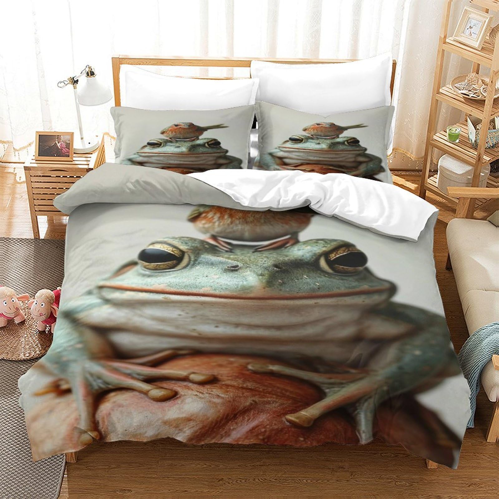 P1S9U7W5Y Nature Inspired 3D Printed Frog Themed Duvet Cover Set 3 Pieces Microfiber Bedroom Decor Cute Frog Bedding Set for Adults Teens Soft Gift King（220x240cm）