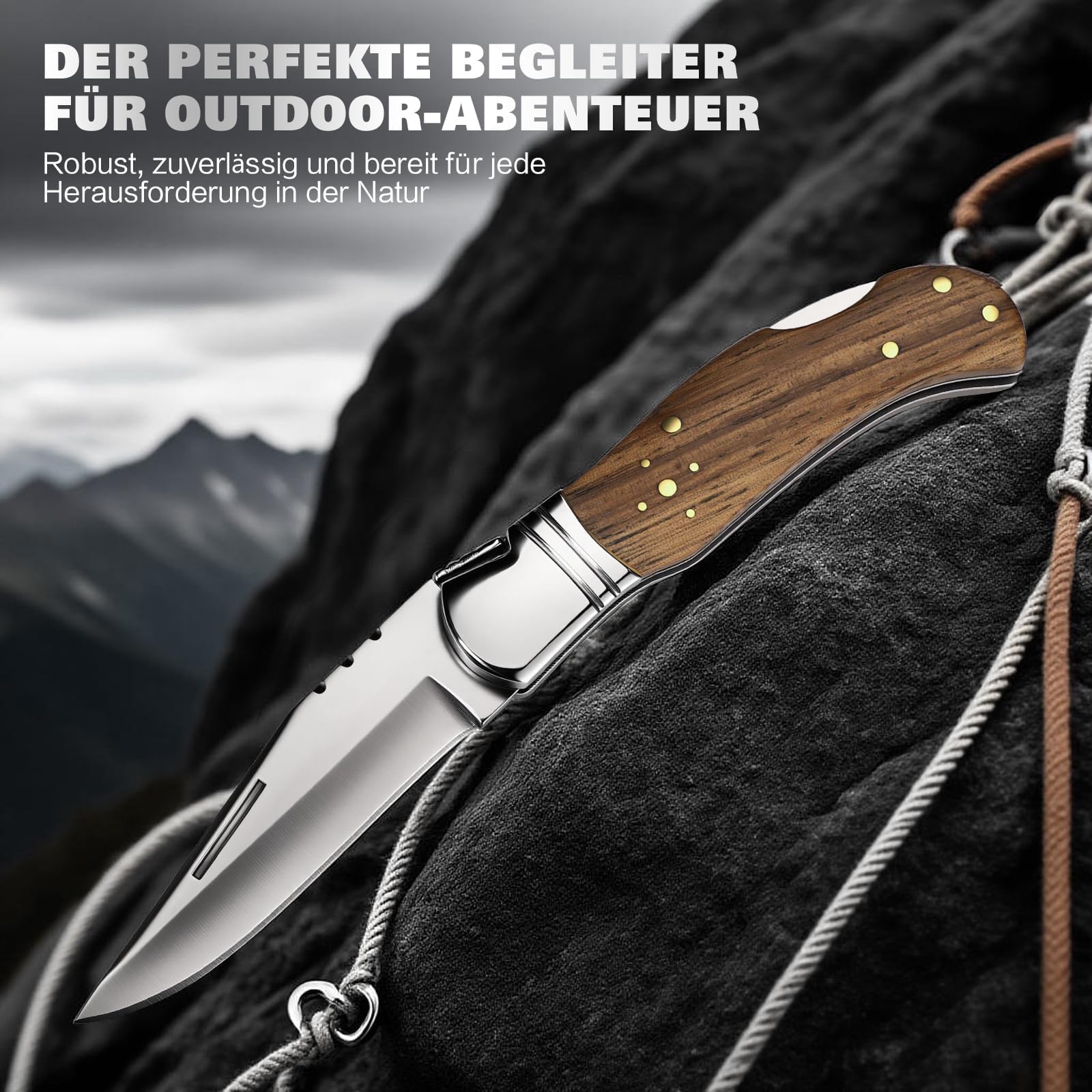 Couteau pliant QS1, couteau de poche en acier 440C avec verrouillage Lockback, poignée en bois de zébré, gaine en cuir, idéal pour le camping et les activités en plein air