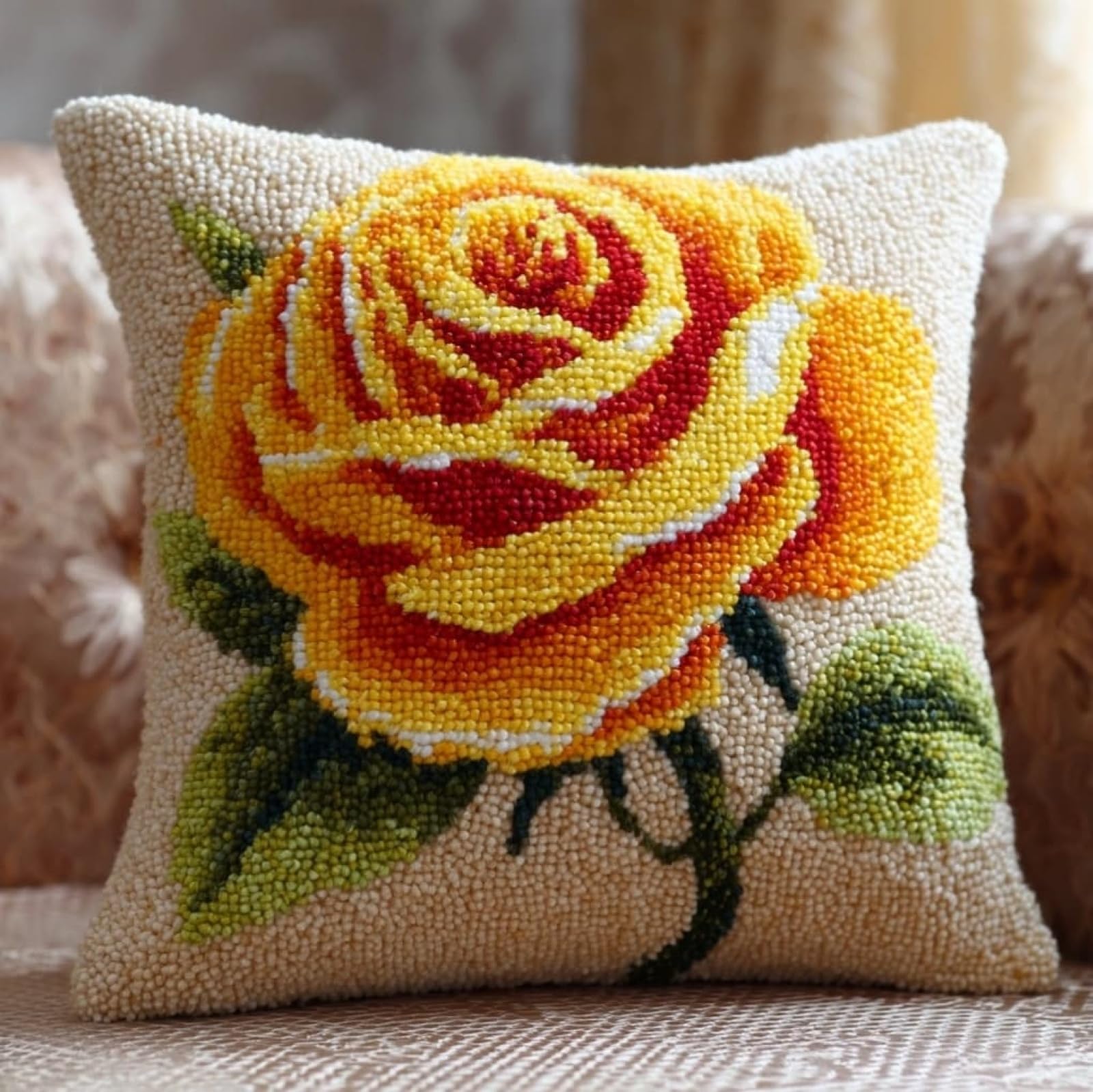 WallustrioaW Latch Hook Cushion Cover Kit 43x43cm,Yellow Roses