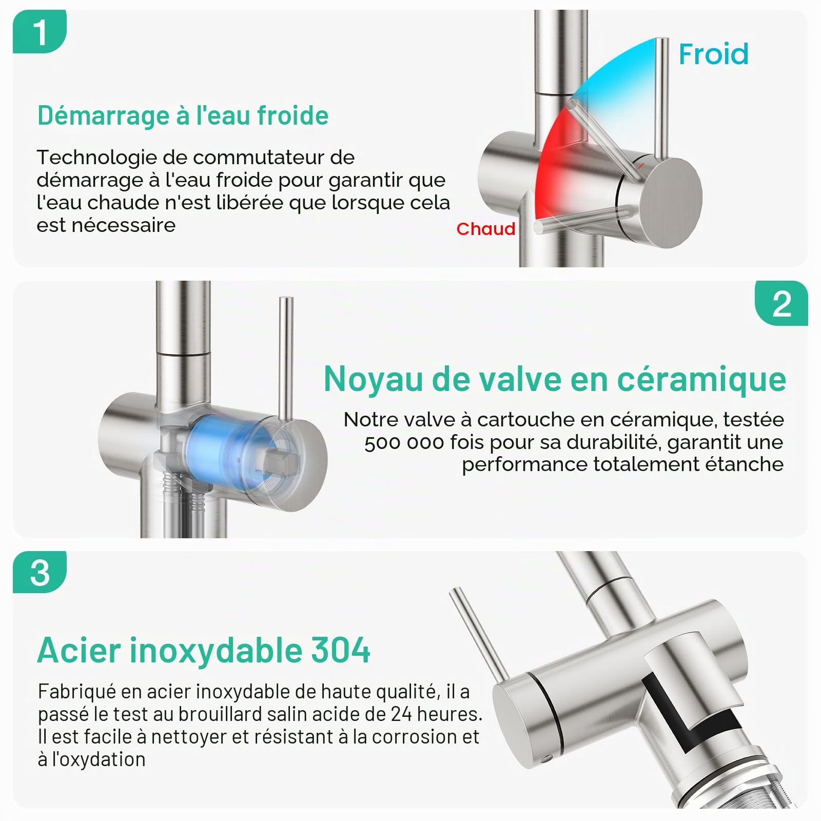Faustina Robinet de cuisine 3 voies avec douchette extensible, mitigeur monocommande Robinet d'évier Robinet d'eau potable Cuisine pour osmose inverse et filtre à eau en acier inoxydable brossé