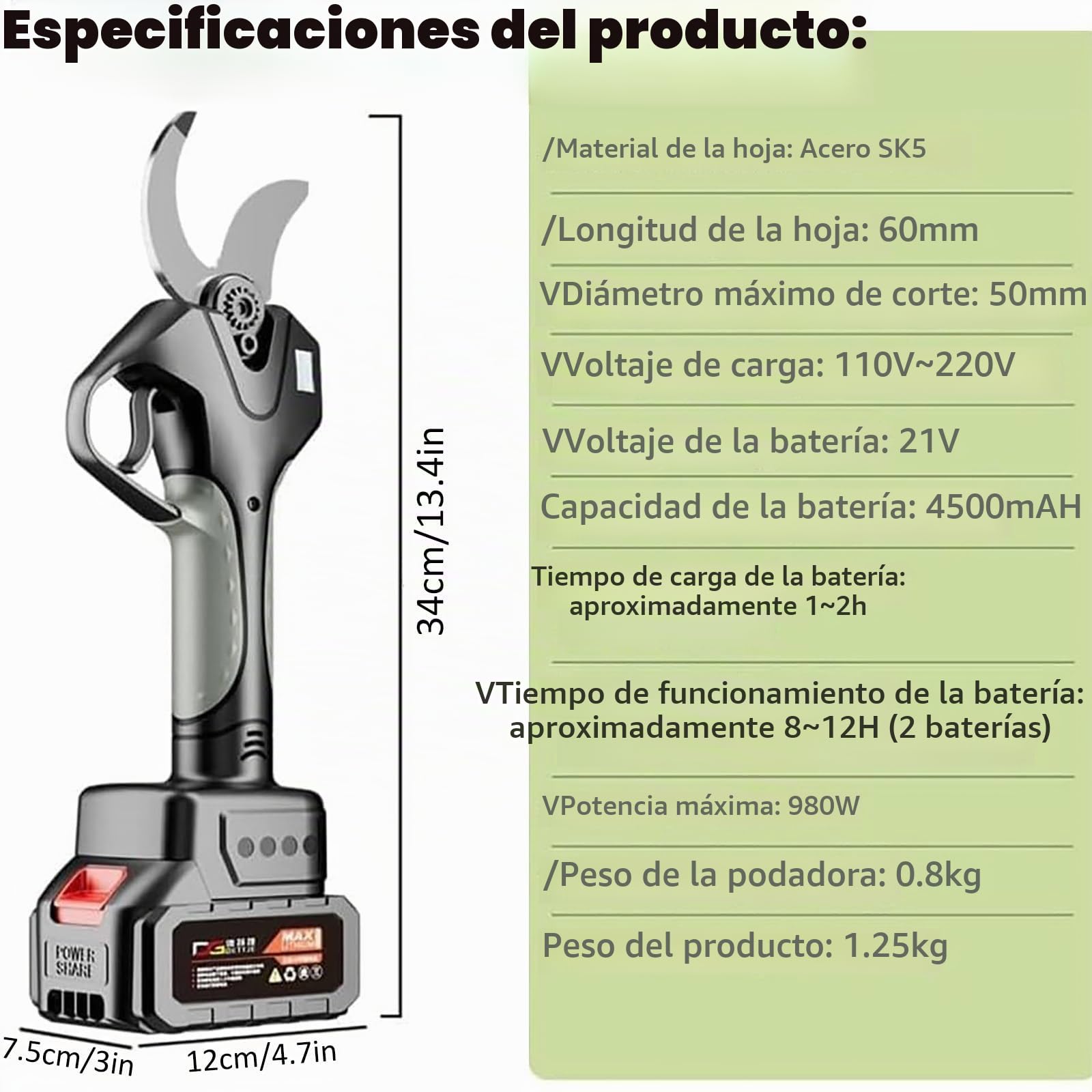 Tijeras de podar eléctricas de 50 mm, Tijeras eléctricas portátiles seguras Tijeras de podar inalámbricas con pértiga telescópica de 1,3 a 2,1 m, para setos, arbustos y huertos,2Battery
