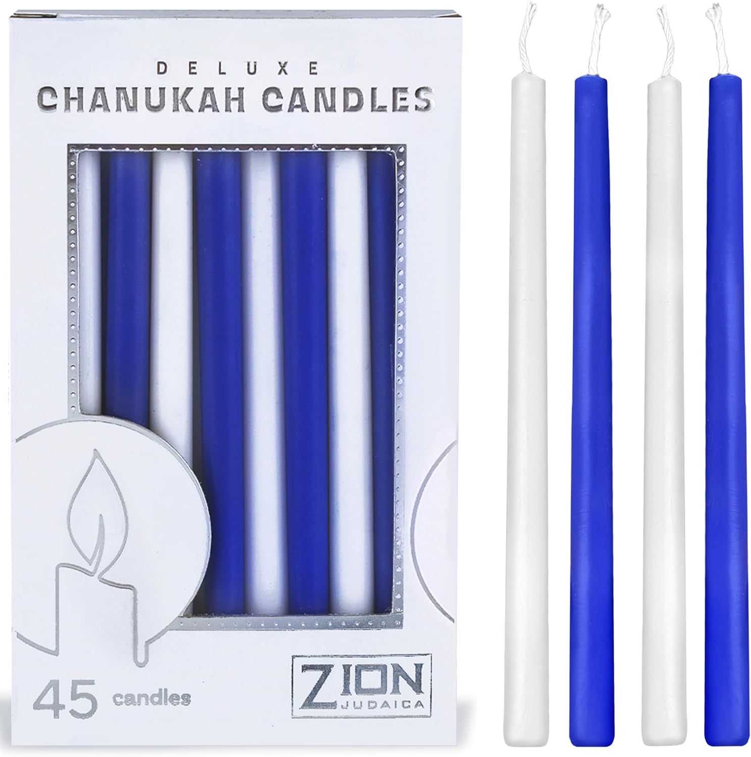 Hanukkah Candles Bundle 45 Deluxe Chanukah Candle Set of 45 Assorted Blue & White Festive Candles, DIY Dreidel, Prayer Card fits Standard Menorah by Zion Judaica
