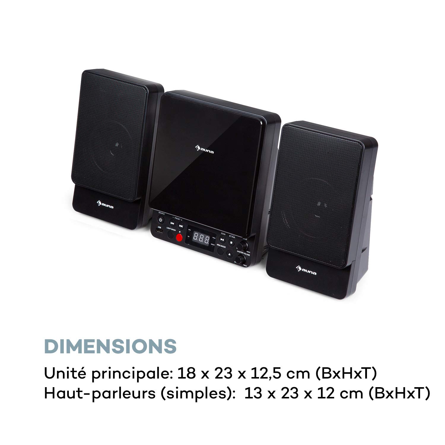 AUNA Microstar - Micro-chaîne Verticale, Lecteur CD, Bluetooth, Enceintes stéréo, Port USB, Tuner FM, AUX-in, écran LCD, éclairage d'ambiance, Installation Murale ou Pose Libre - Noir