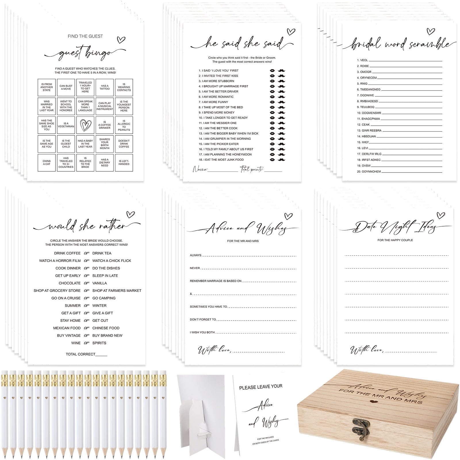 Silipull Bridal Shower Games Set for 50 Guests Includes Bingo, He Said She Said, Scramble, Would She Rather, Advice and Wishes Wedding Games Double Sided with Wooden Box, 20 Pencils(Minimalist)